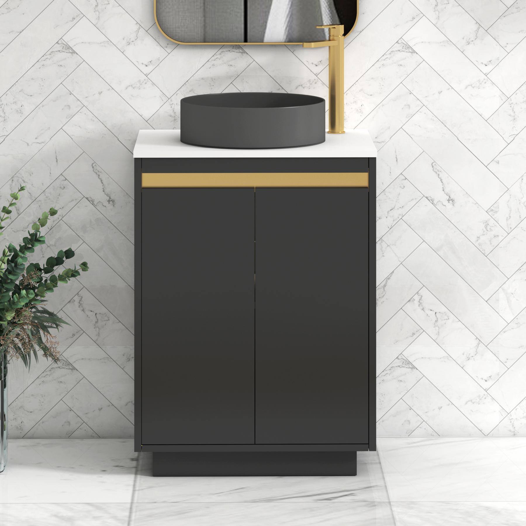 Orion 2 Door Matt Obsidian Black Floor Standing Vanity Unit with Plain White Top & Countertop Basin | Brushed Brass Accent Trim
