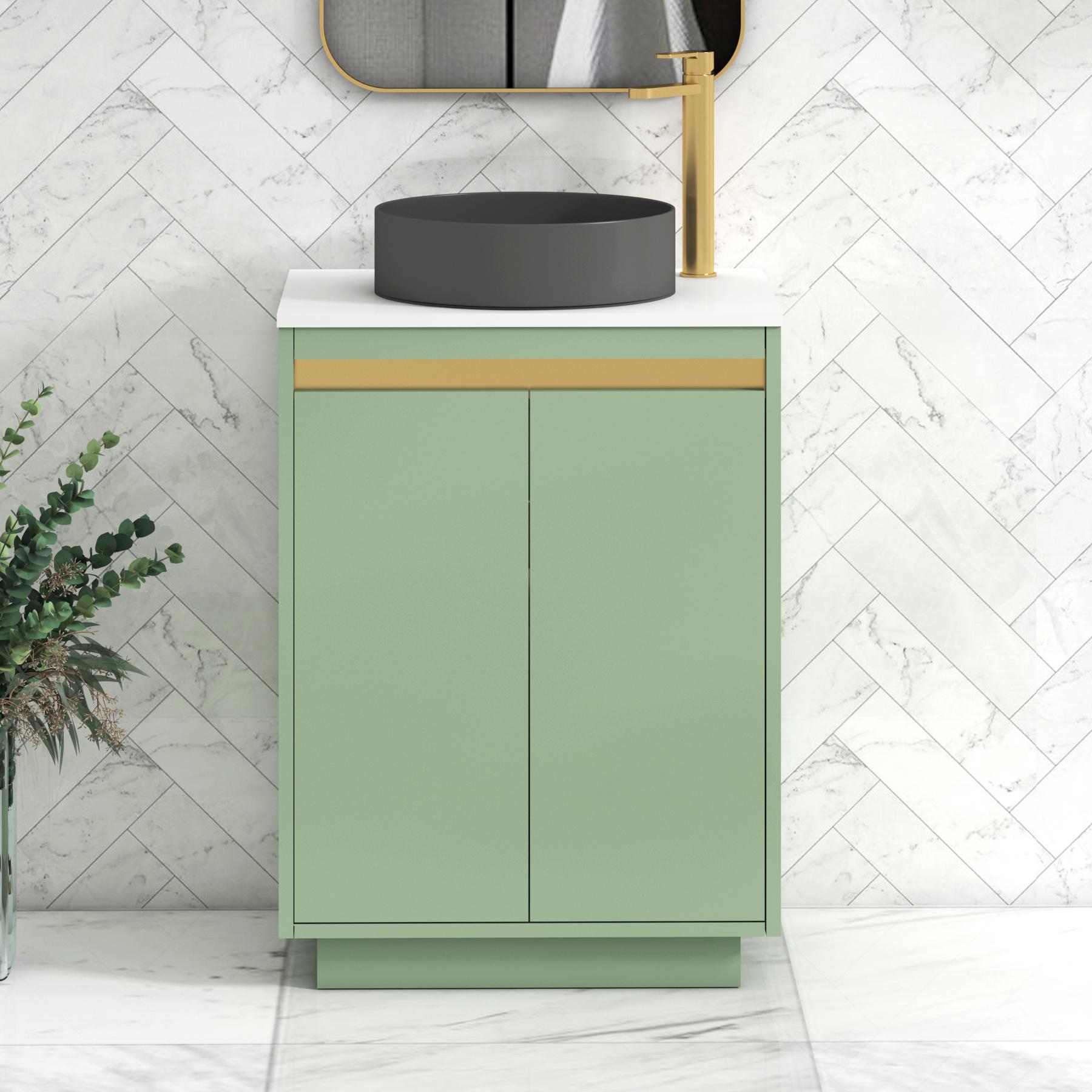 Orion 2 Door Mint Sage Floor Standing Vanity Unit with Plain White Top & Countertop Basin | Brushed Brass Accent Trim