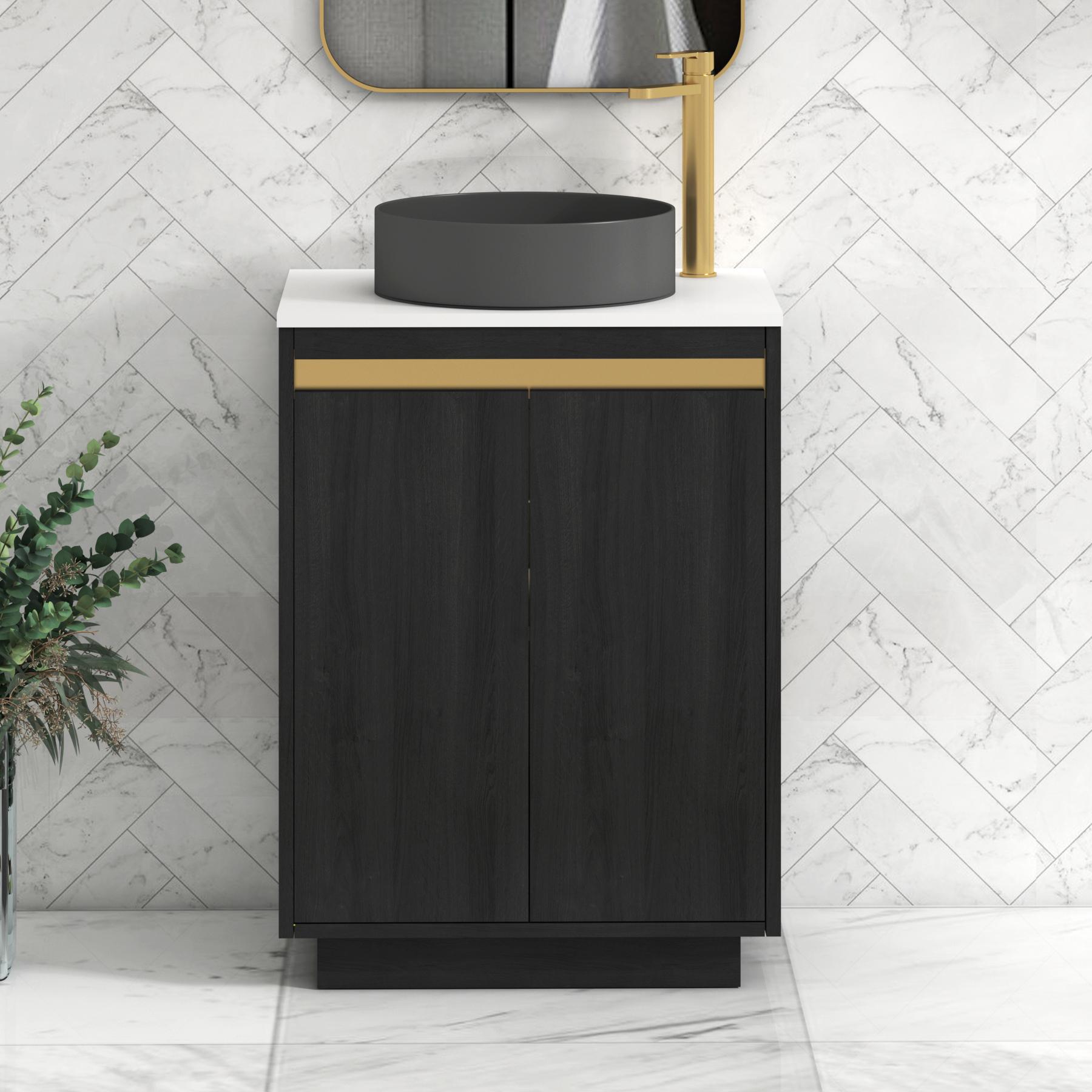 Orion 2 Door Hale Black Floor Standing Vanity Unit with Plain White Top & Countertop Basin | Brushed Brass Accent Trim