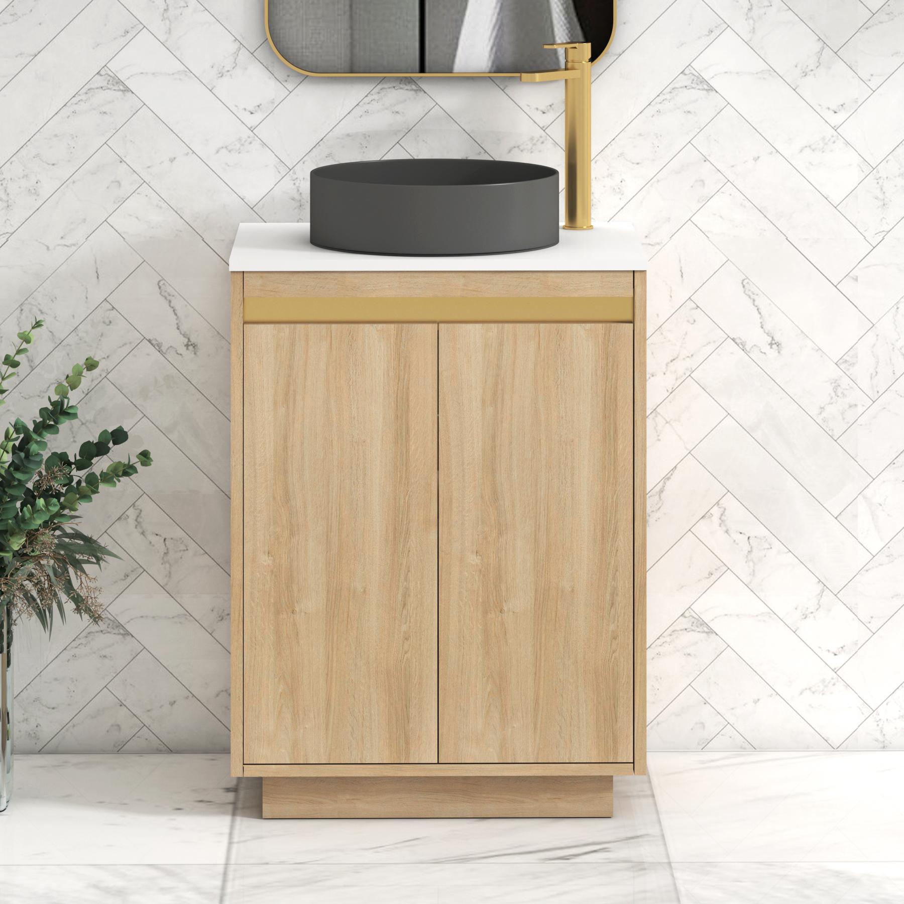 Orion 2 Door Natural Oak Floor Standing Vanity Unit with Plain White Top & Countertop Basin | Brushed Brass Accent Trim
