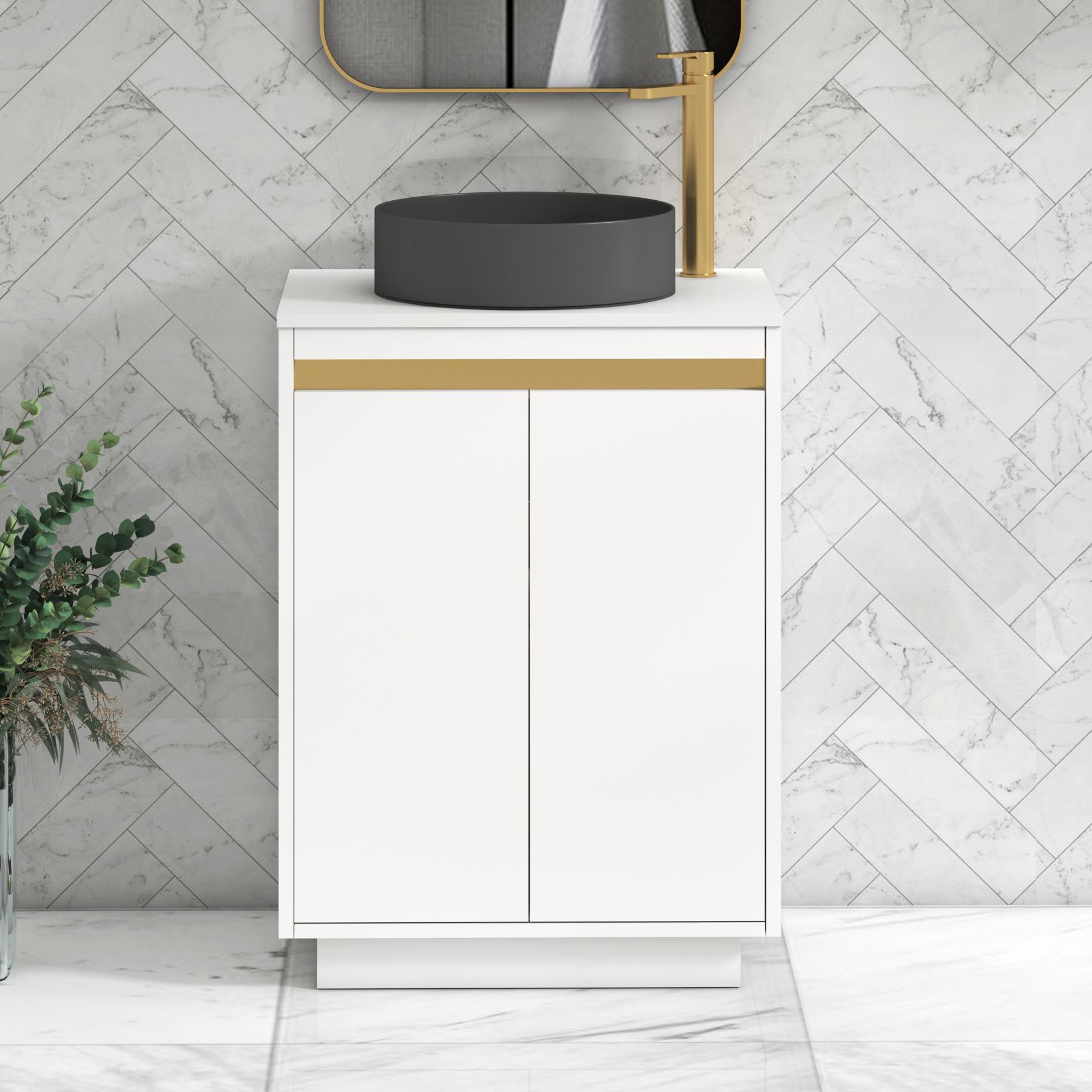 Orion 2 Door Matt White Floor Standing Vanity Unit with Plain White Top & Countertop Basin | Brushed Brass Accent Trim