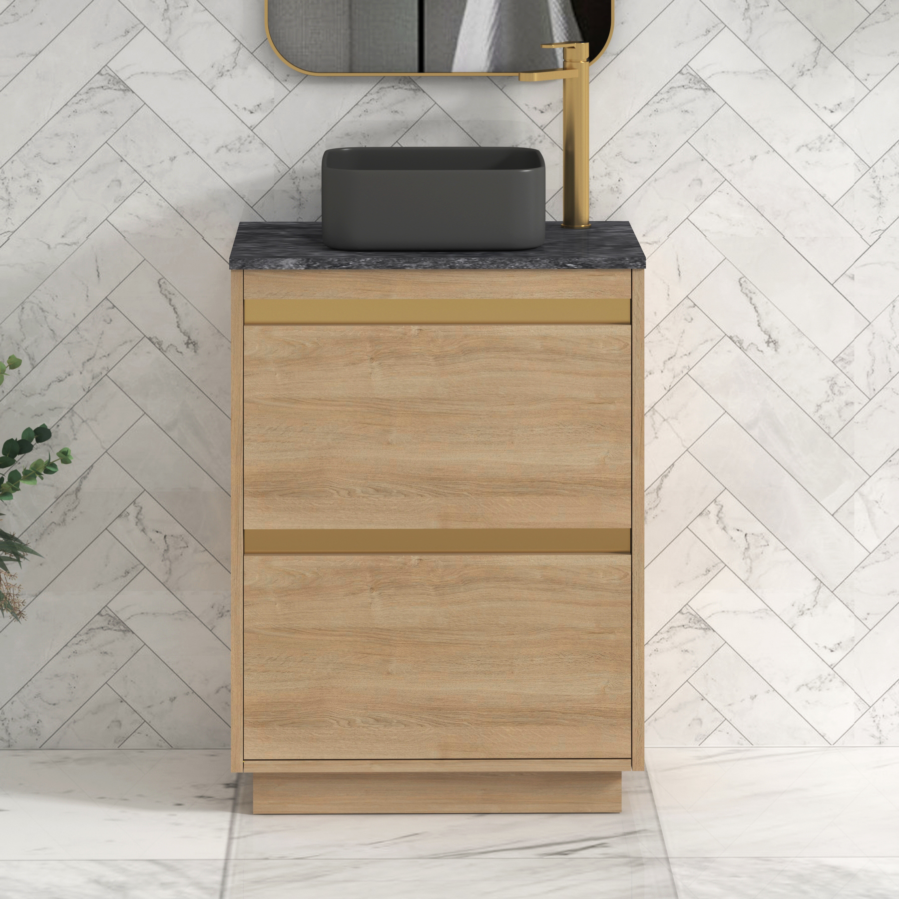 Orion 600mm Oak Floor Standing Countertop Vanity Unit 2 Drawer with Art Square Basin & Brushed Brass Strip - Black Star