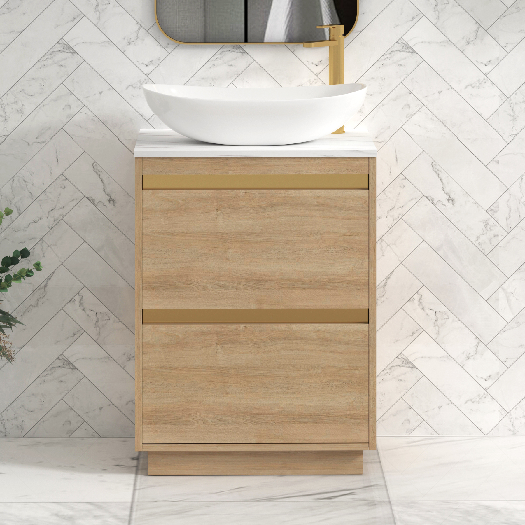 Orion 600mm Oak Floor Standing Countertop Vanity Unit 2 Drawer with Cesar Basin & Brushed Brass Strip