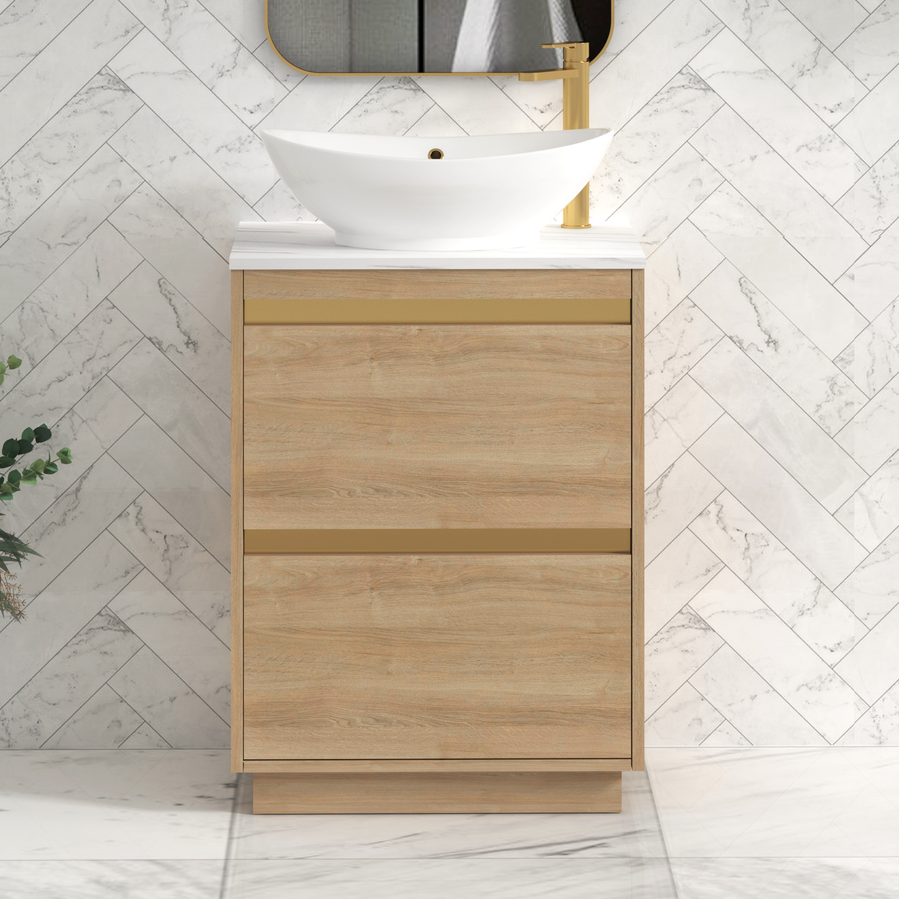 Orion 2 Drawer Natural Oak Floor Standing Vanity Unit with Carrara White Top & Countertop Basin | Brushed Brass Accent Trim