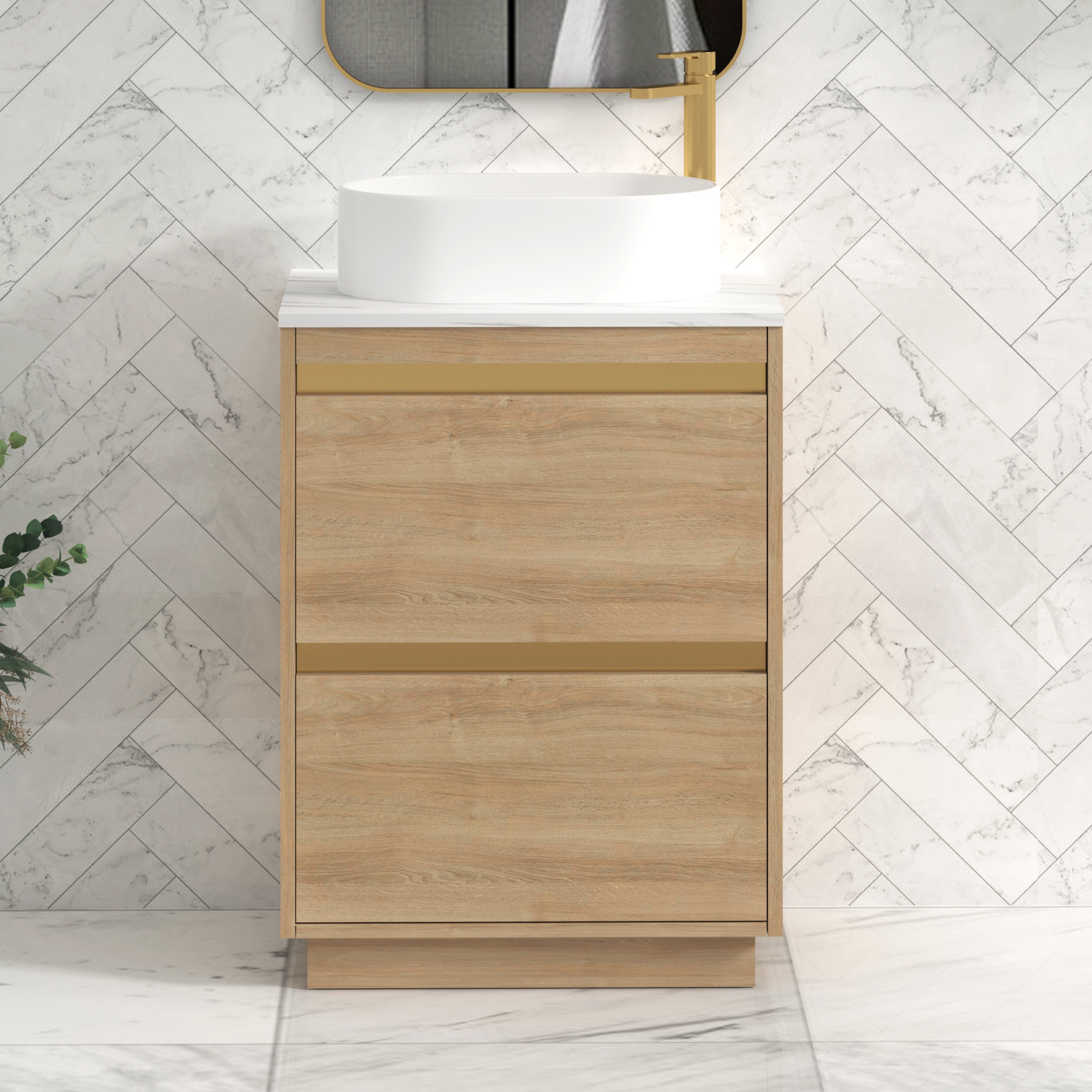 Orion 600mm Natural Oak Floor Standing Countertop Vanity Unit 2 Drawer with Peak Basin & Brushed Brass Accent Trim