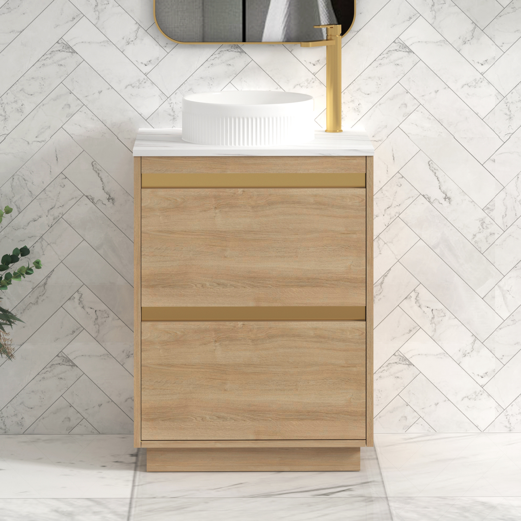 Orion 600mm Natural Oak Floor Standing Countertop Vanity Unit 2 Drawer with Round Basin & Brushed Brass Accent Trim