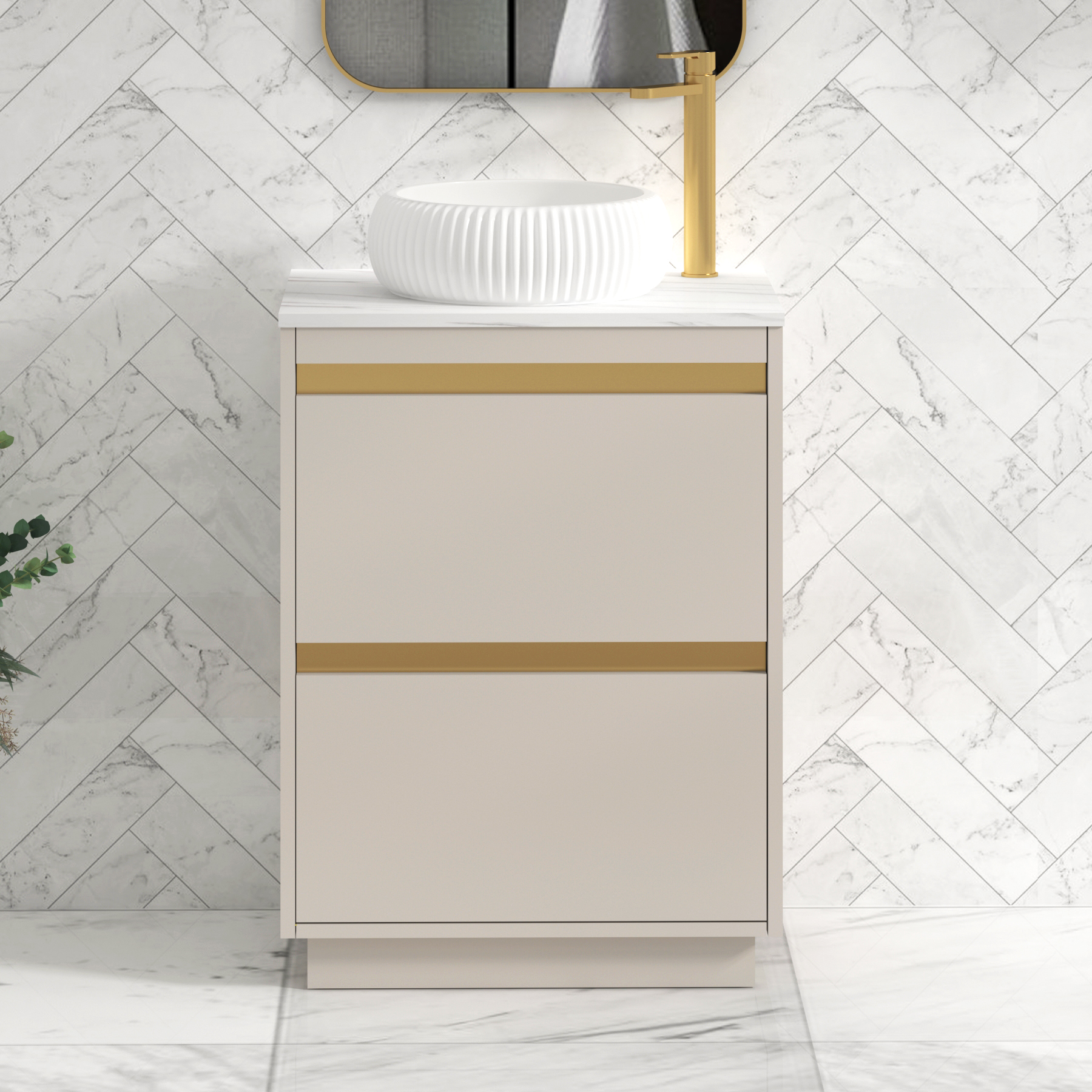 Orion 600mm Warm Taupe Floor Standing Countertop Vanity Unit 2 Drawer with Milan Basin & Brushed Brass Accent Trim