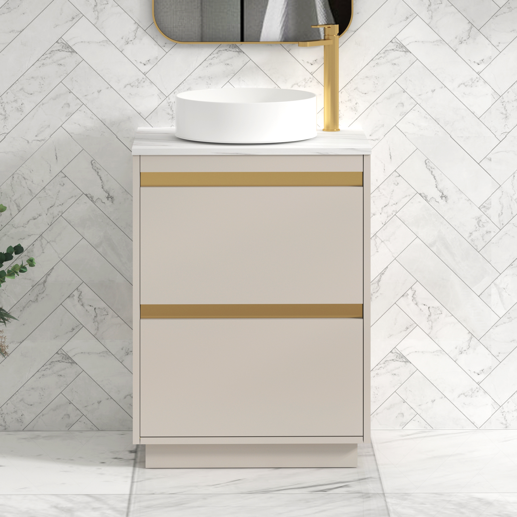 Orion 600mm Beige Floor Standing Vanity Unit 2 Drawer with Carrara White Undrilled Worktop & Brushed Brass Strip