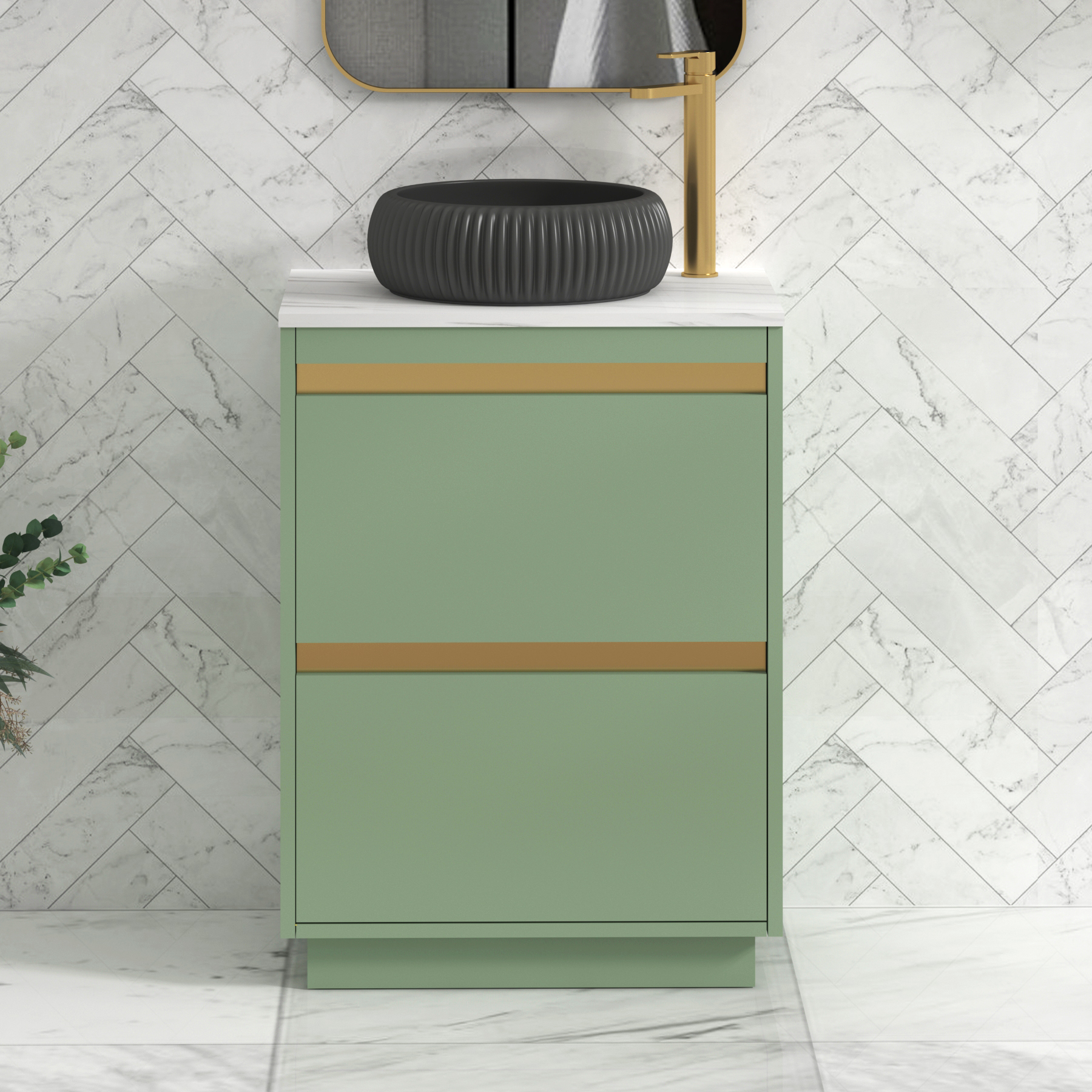 Orion 600mm Mint Sage Floor Standing Countertop Vanity Unit 2 Drawer with Milan Black Basin & Brushed Brass Accent Trim