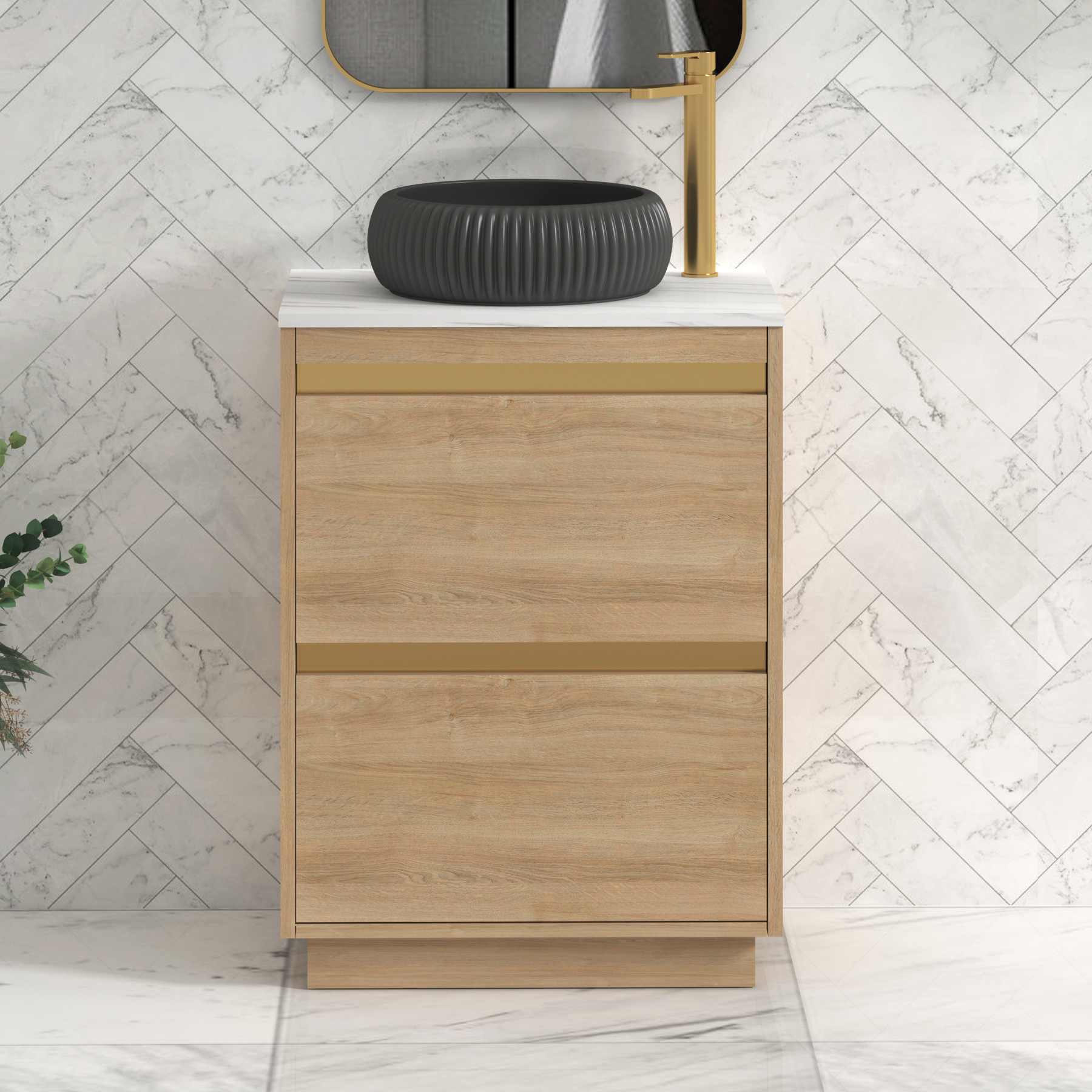 Orion 600mm Natural Oak Floor Standing Countertop Vanity Unit 2 Drawer with Milan Black Basin & Brushed Brass Accent Trim