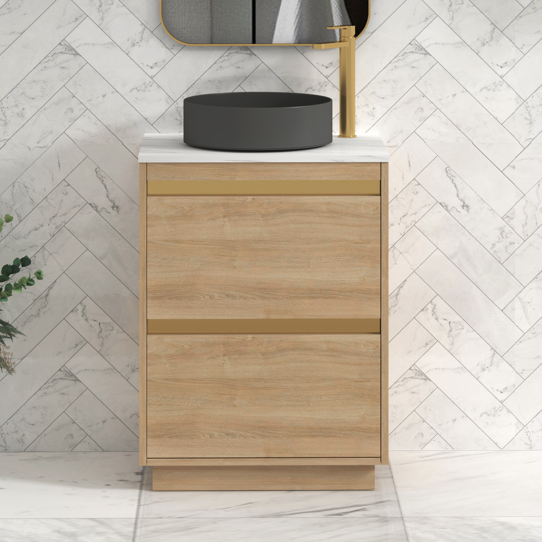 Orion 600mm Natural Oak Floor Standing Countertop Vanity Unit 2 Drawer with Art Round Basin & Brushed Brass Accent Trim