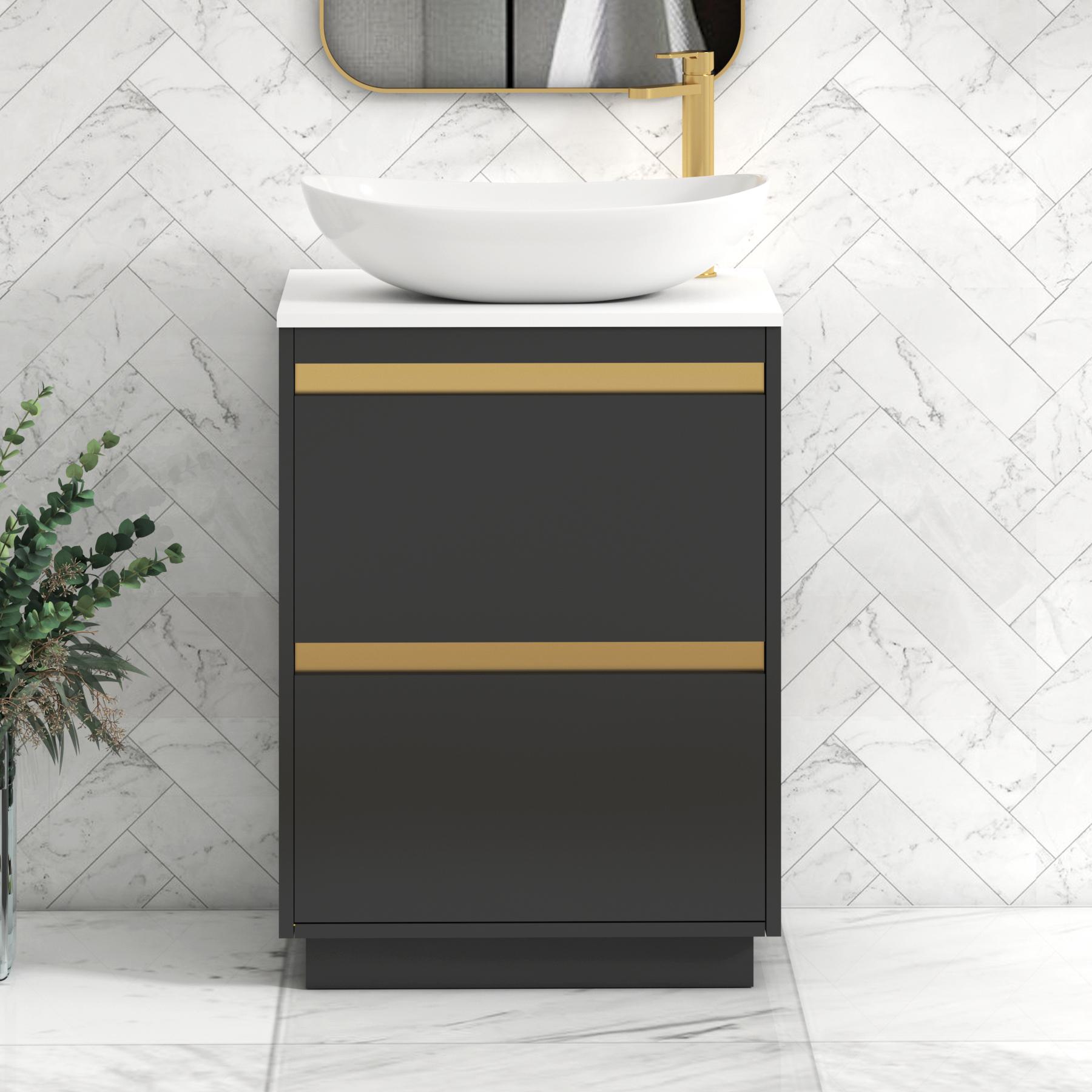 Orion 2 Drawer Matt Obsidian Black Floor Standing Vanity Unit with Plain White Top & Countertop Basin | Brushed Brass Accent Trim
