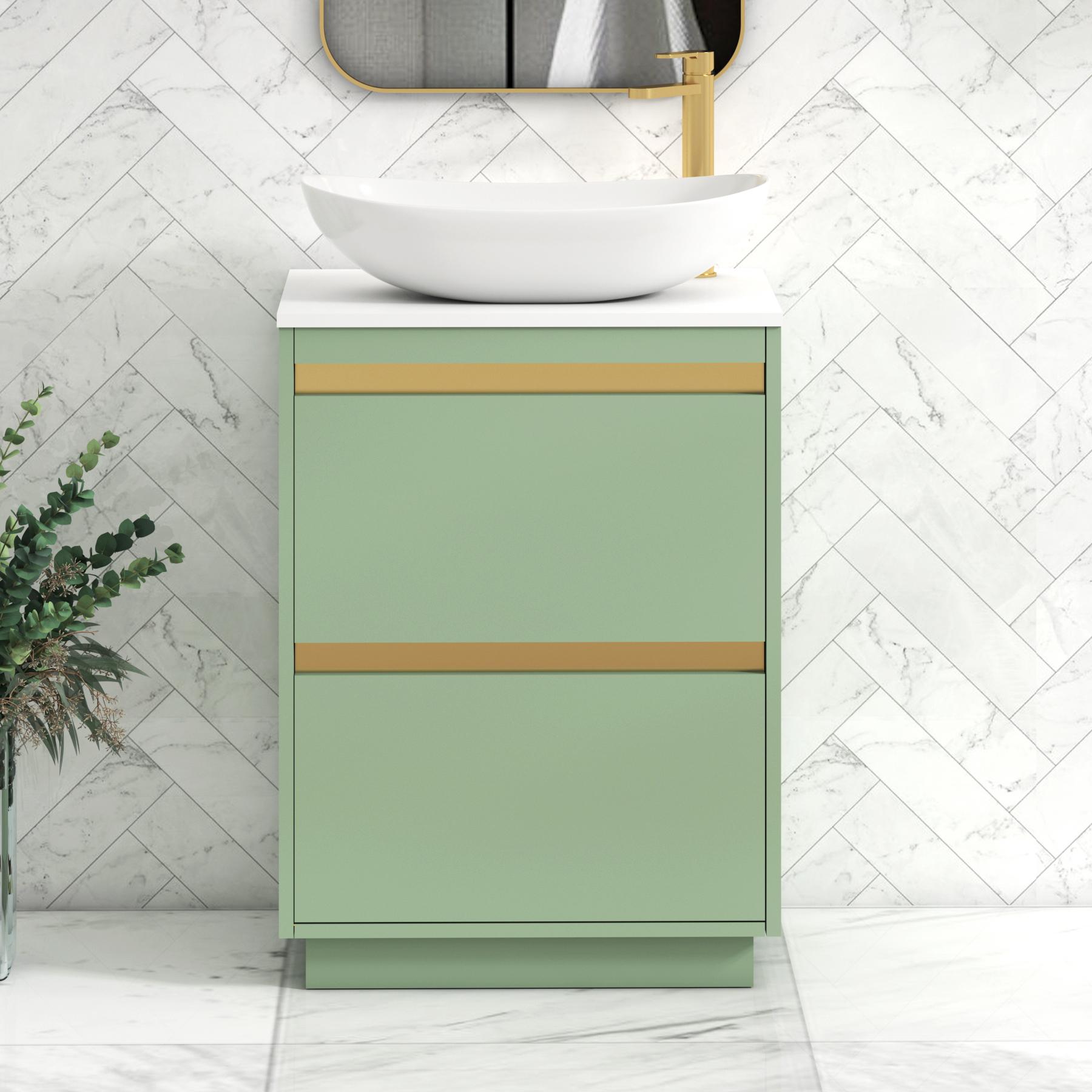 Orion 2 Drawer Mint Sage Floor Standing Vanity Unit with Plain White Top & Countertop Basin | Brushed Brass Accent Trim