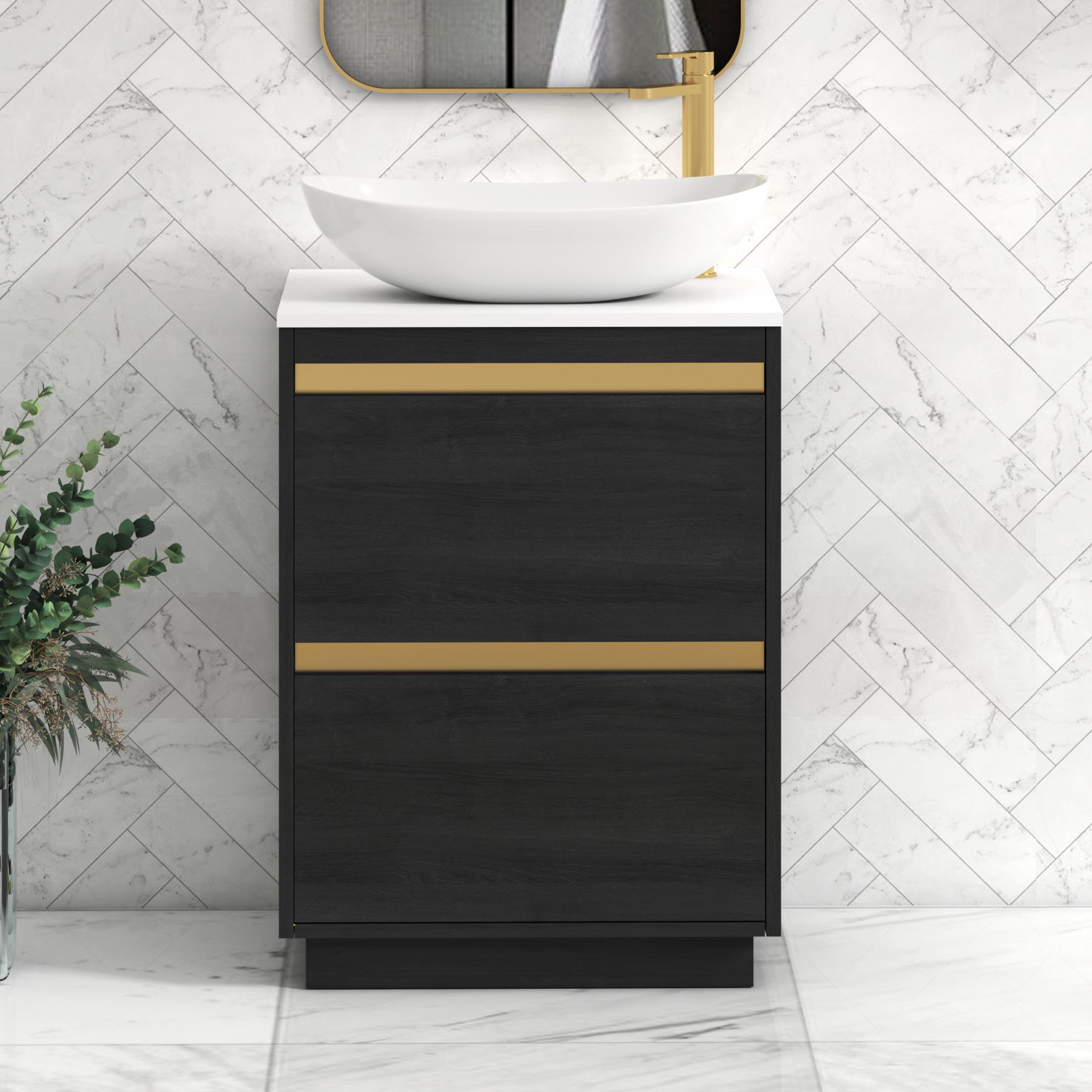Orion 2 Drawer Hale Black Floor Standing Vanity Unit with Plain White Top & Countertop Basin | Brushed Brass Accent Trim