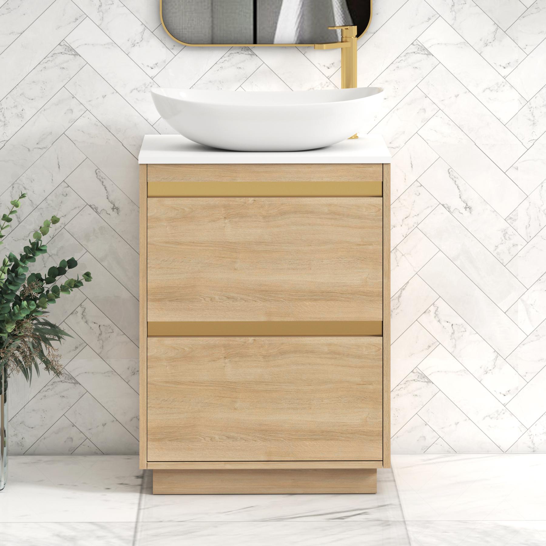 Orion 2 Drawer Natural Oak Floor Standing Vanity Unit with Plain White Top & Countertop Basin | Brushed Brass Accent Trim