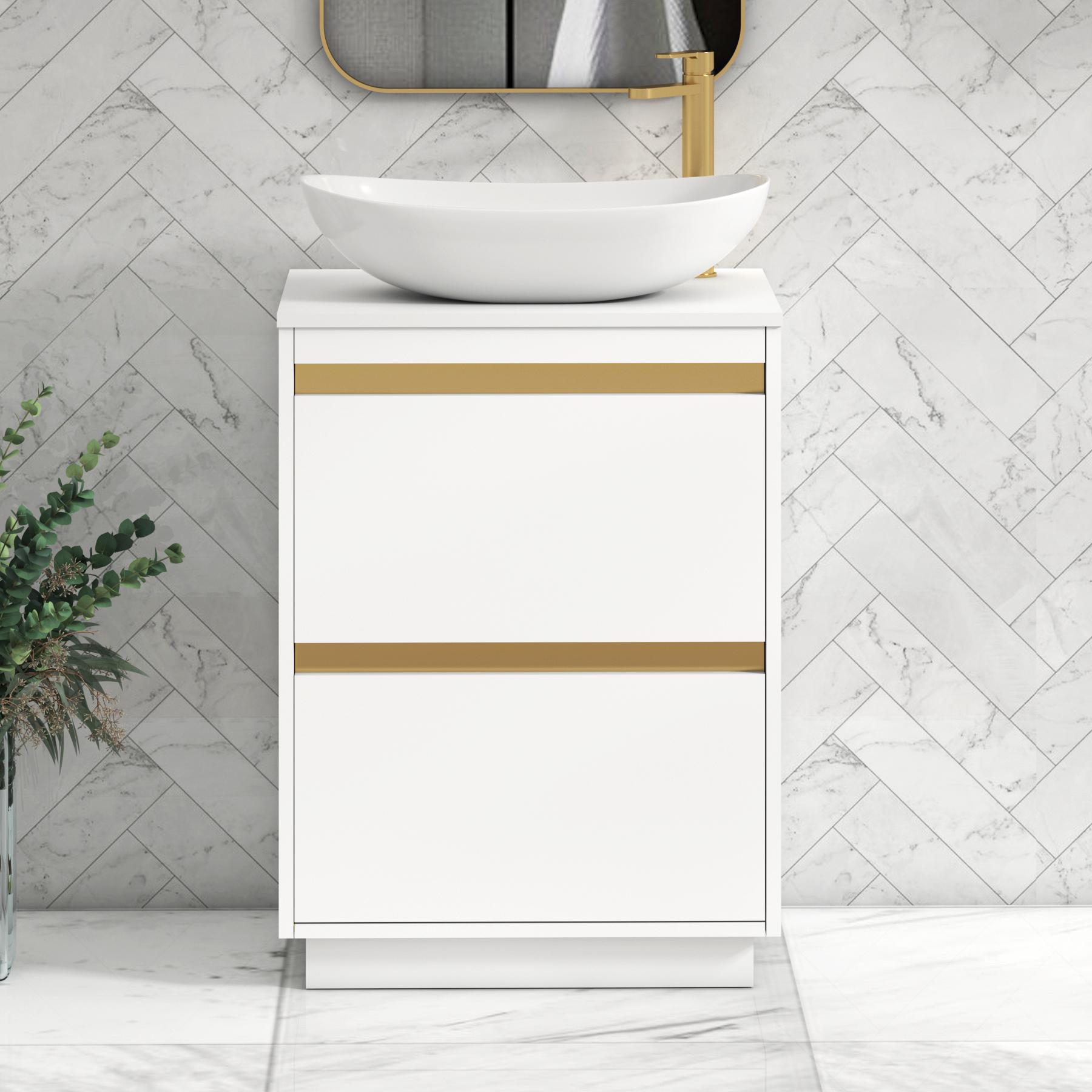 Orion 2 Drawer Matt White Floor Standing Vanity Unit with Plain White Top & Countertop Basin | Brushed Brass Accent Trim