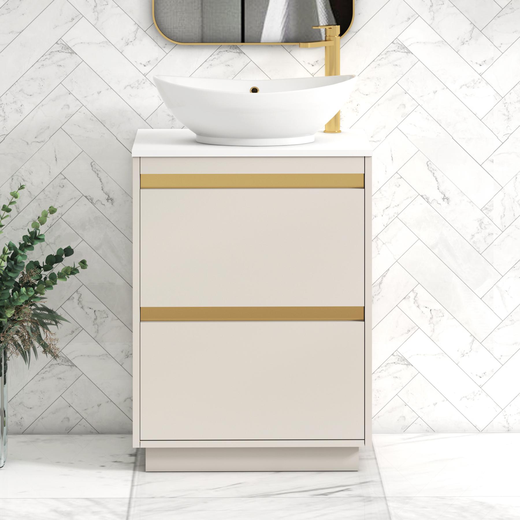 Orion 2 Drawer Warm Taupe Floor Standing Vanity Unit with Plain White Top & Countertop Basin | Brushed Brass Accent Trim