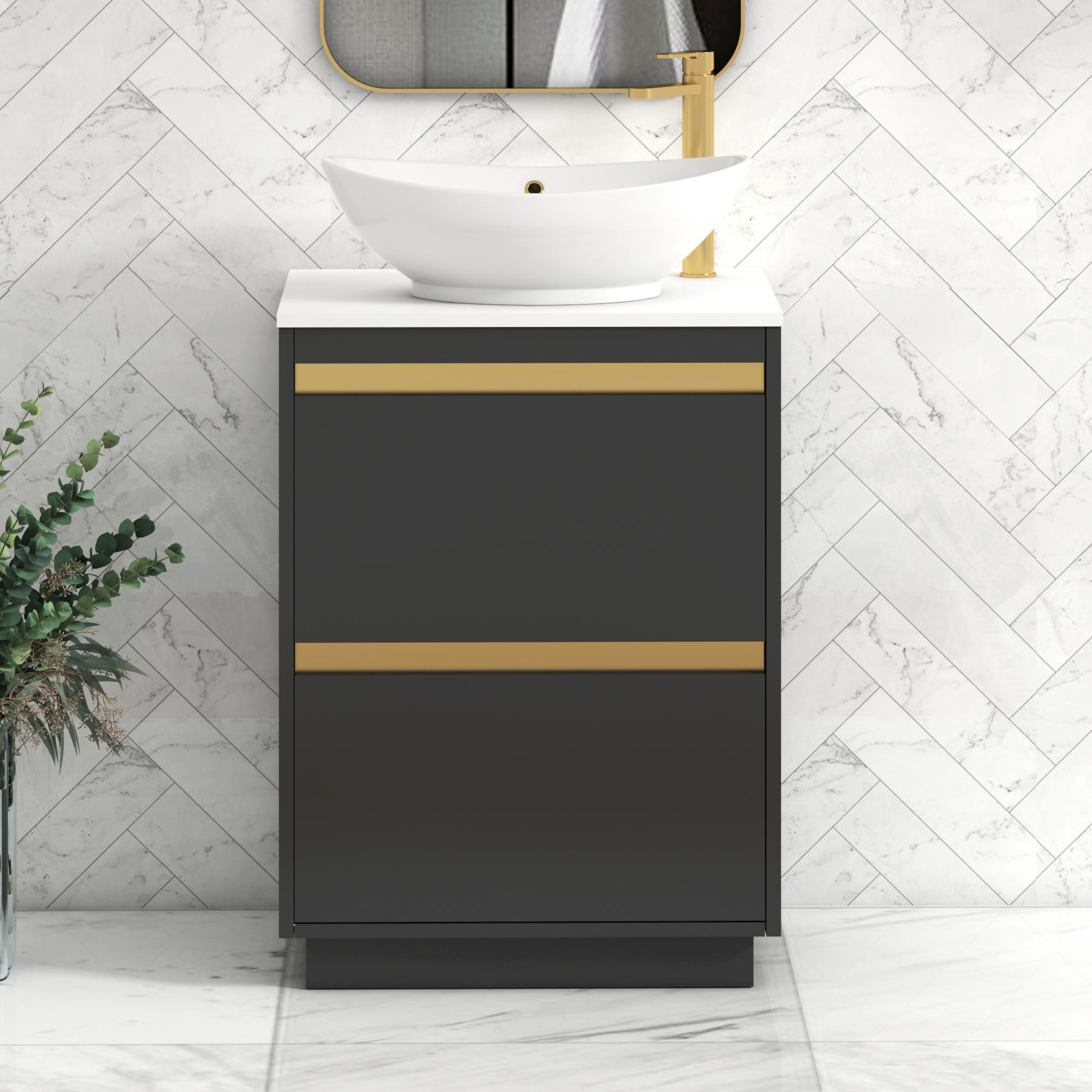 Orion 2 Drawer Matt Obsidian Black Floor Standing Vanity Unit with Plain White Top & Countertop Basin | Brushed Brass Accent Trim