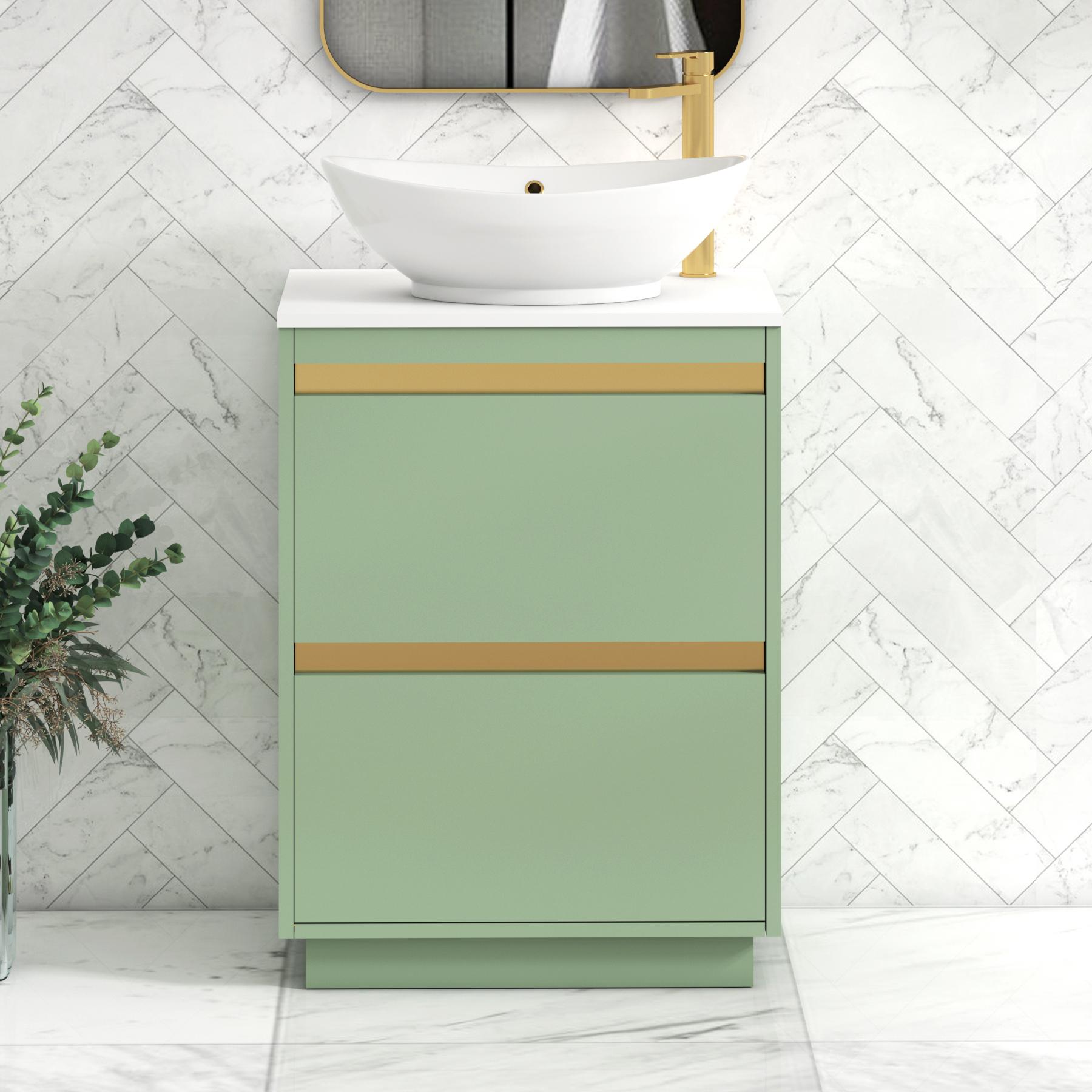 Orion 2 Drawer Mint Sage Floor Standing Vanity Unit with Plain White Top & Countertop Basin | Brushed Brass Accent Trim