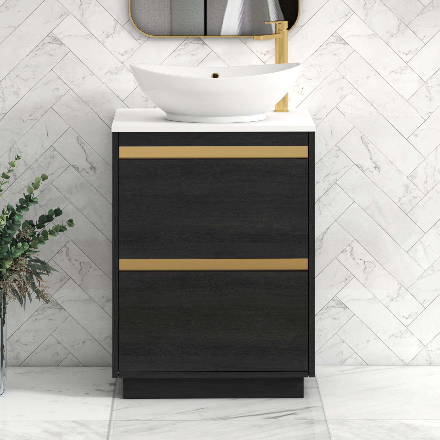 Orion 2 Drawer Hale Black Floor Standing Vanity Unit with Plain White Top & Countertop Basin | Brushed Brass Accent Trim
