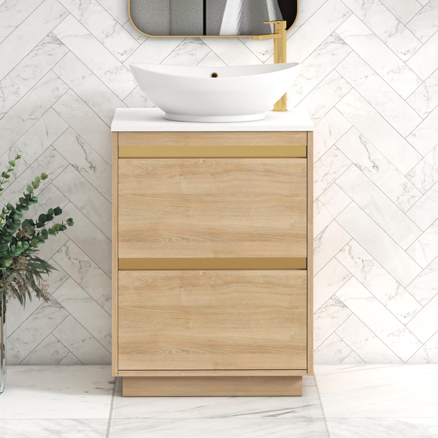 Orion 2 Drawer Natural Oak Floor Standing Vanity Unit with Plain White Top & Countertop Basin | Brushed Brass Accent Trim
