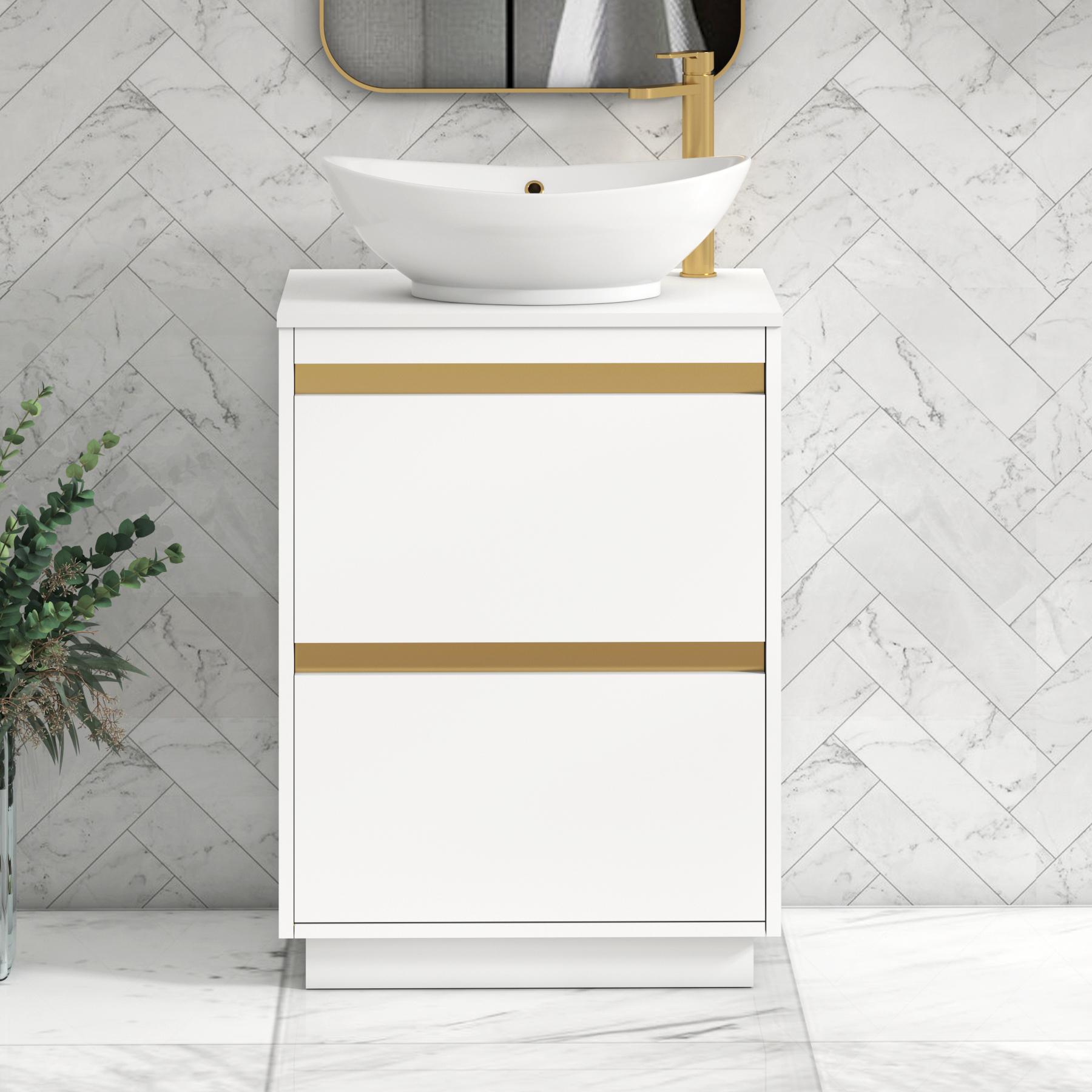 Orion 2 Drawer Matt White Floor Standing Vanity Unit with Plain White Top & Countertop Basin | Brushed Brass Accent Trim