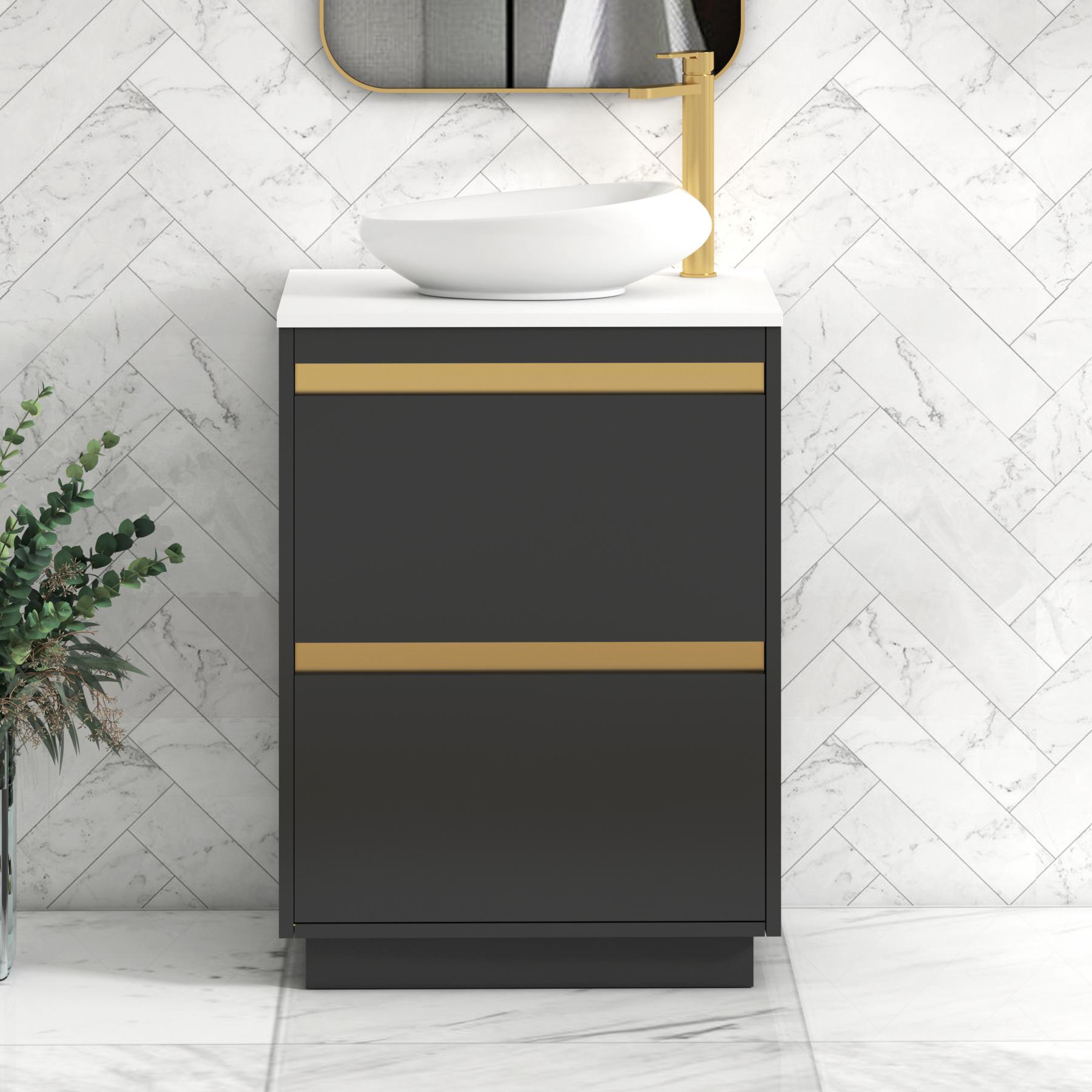 Orion 2 Drawer Matt Obsidian Black Floor Standing Vanity Unit with Plain White Top & Countertop Basin | Brushed Brass Accent Trim