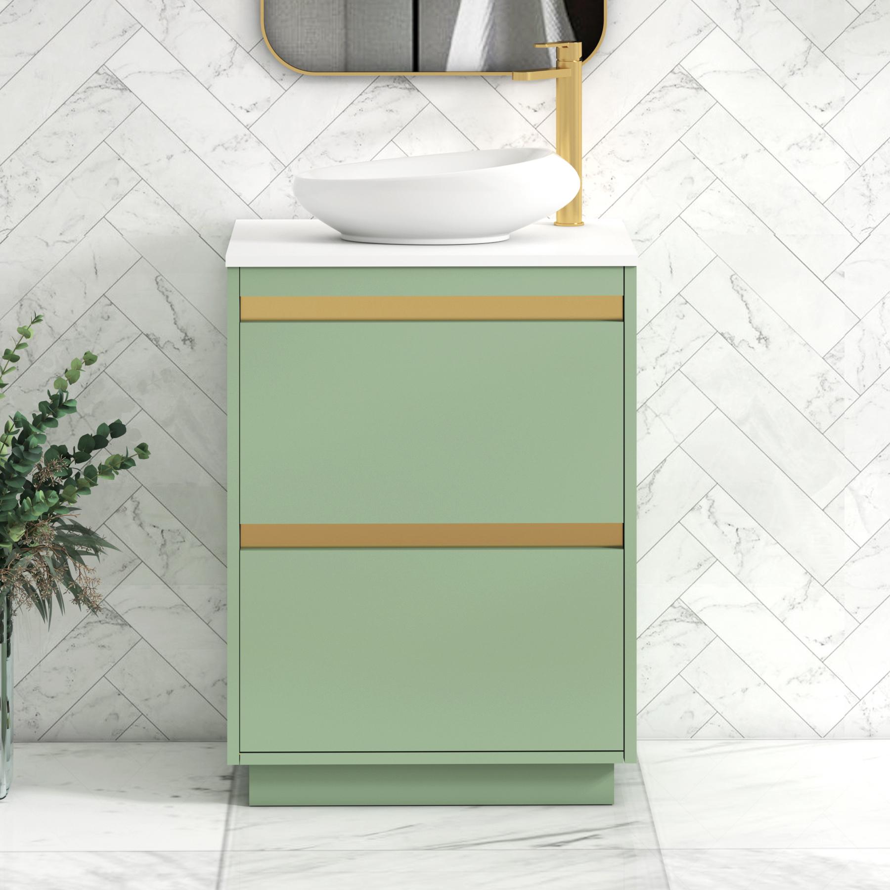 Orion 2 Drawer Mint Sage Floor Standing Vanity Unit with Plain White Top & Countertop Basin | Brushed Brass Accent Trim