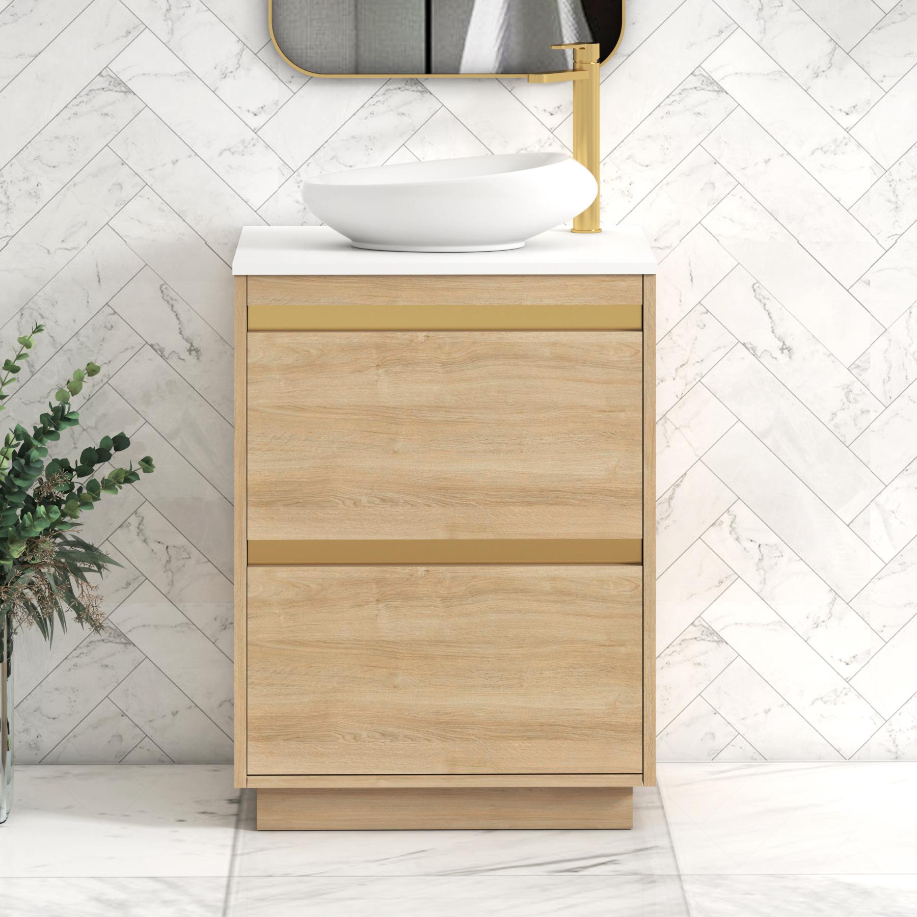 Orion 2 Drawer Natural Oak Floor Standing Vanity Unit with Plain White Top & Countertop Basin | Brushed Brass Accent Trim