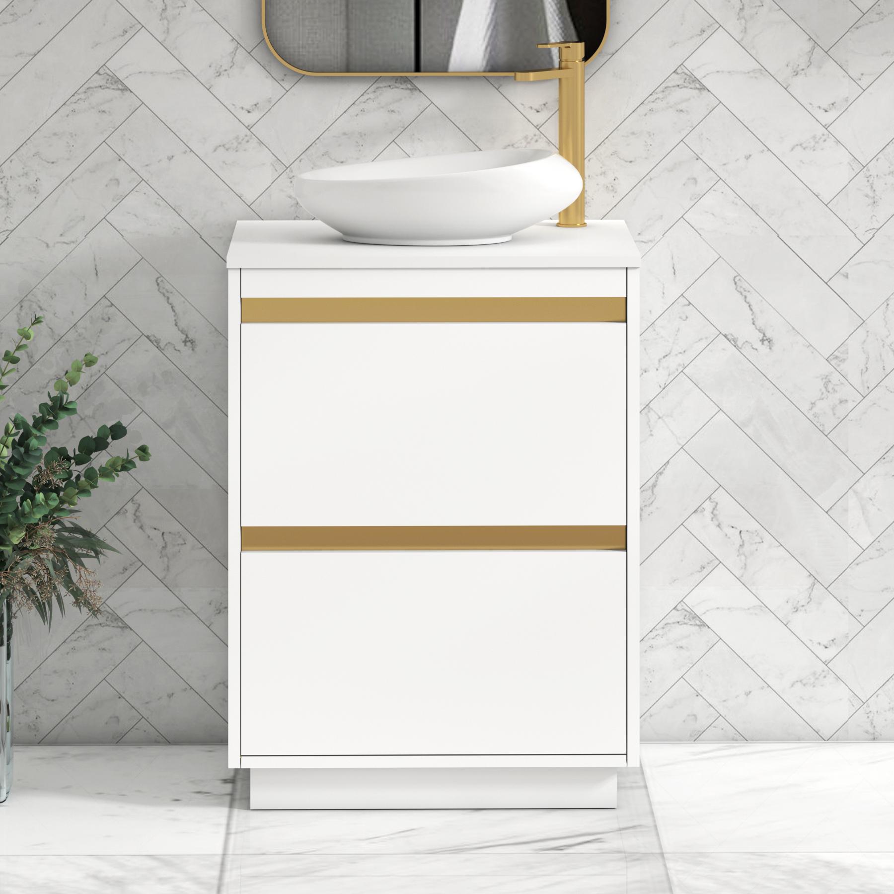 Orion 2 Drawer Matt White Floor Standing Vanity Unit with Plain White Top & Countertop Basin | Brushed Brass Accent Trim