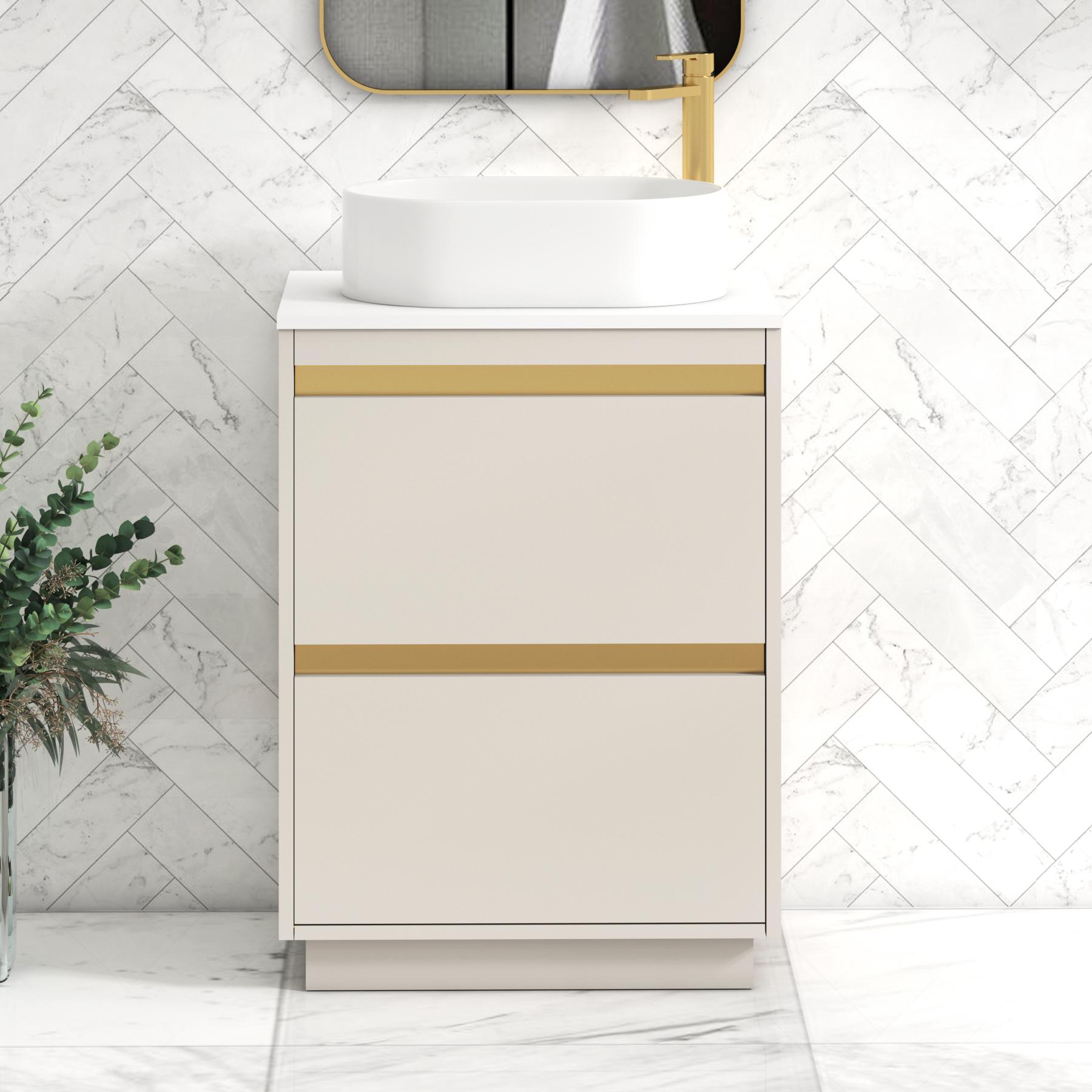 Orion 2 Drawer Warm Taupe Floor Standing Vanity Unit with Plain White Top & Countertop Basin | Brushed Brass Accent Trim