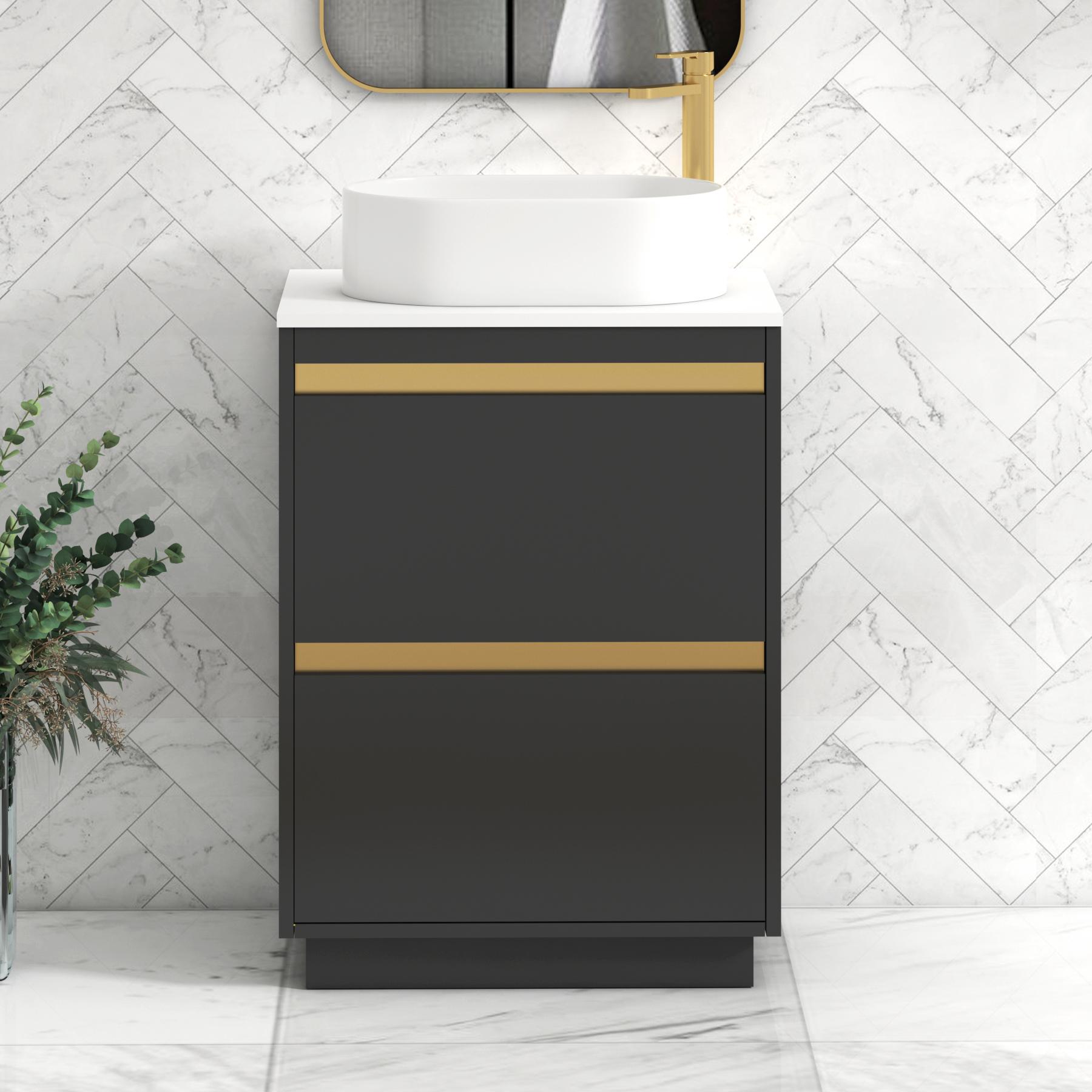 Orion 2 Drawer Matt Obsidian Black Floor Standing Vanity Unit with Plain White Top & Countertop Basin | Brushed Brass Accent Trim