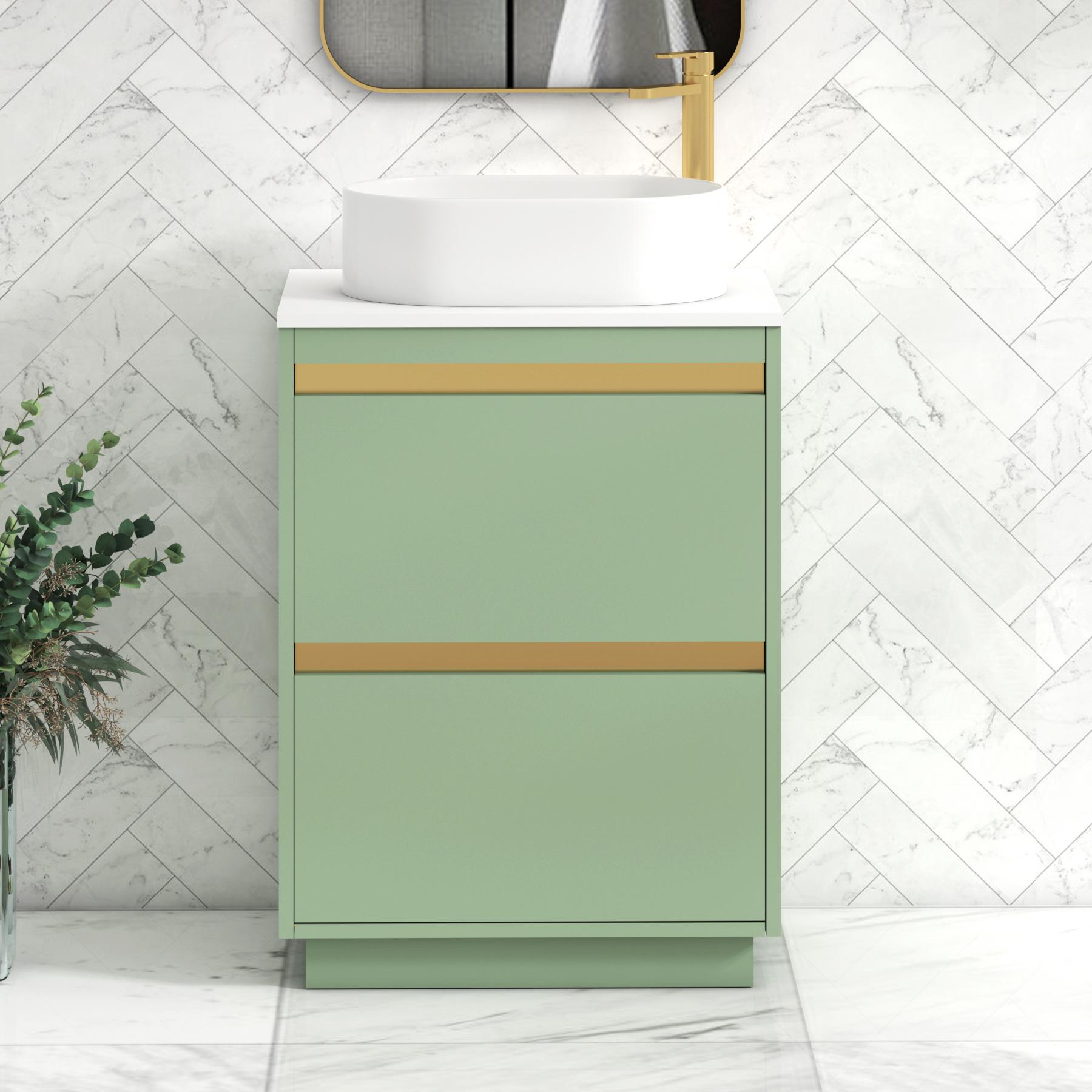 Orion 2 Drawer Mint Sage Floor Standing Vanity Unit with Plain White Top & Countertop Basin | Brushed Brass Accent Trim