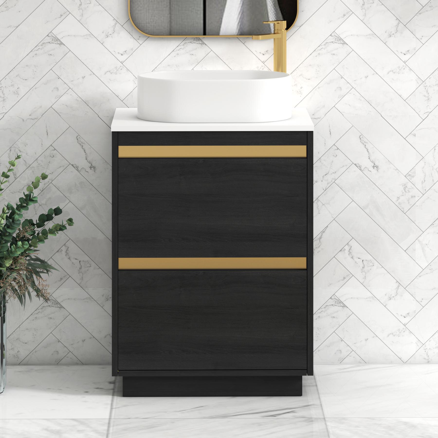 Orion 2 Drawer Hale Black Floor Standing Vanity Unit with Plain White Top & Countertop Basin | Brushed Brass Accent Trim