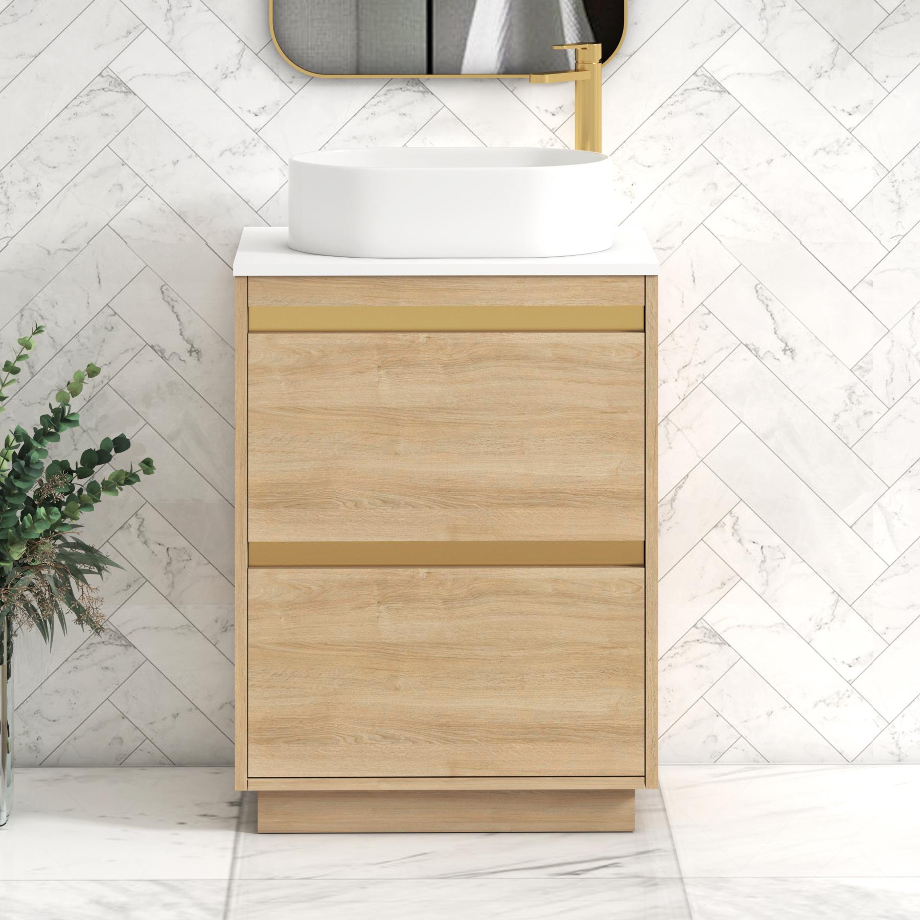Orion 2 Drawer Natural Oak Floor Standing Vanity Unit with Plain White Top & Countertop Basin | Brushed Brass Accent Trim