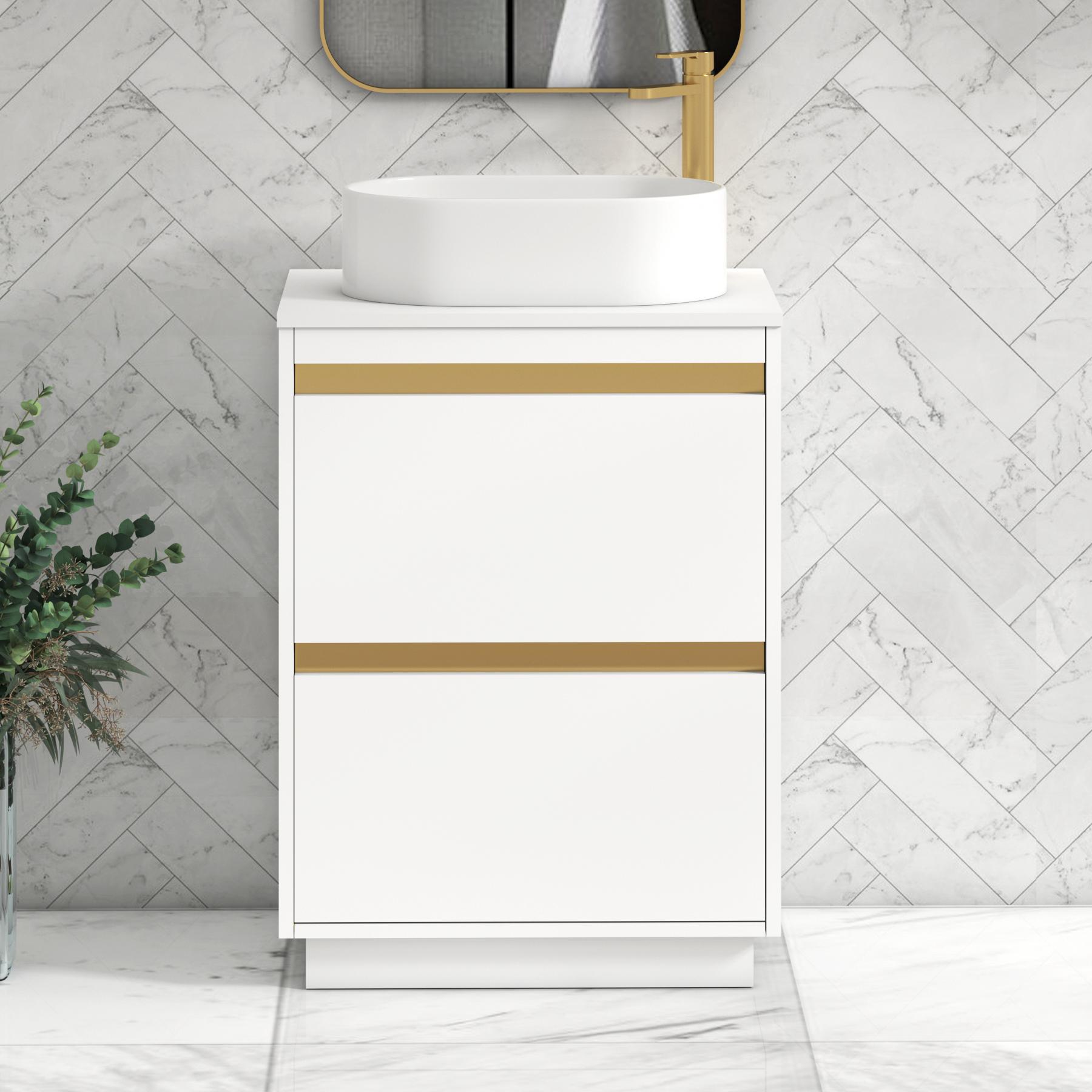Orion 2 Drawer Matt White Floor Standing Vanity Unit with Plain White Top & Countertop Basin | Brushed Brass Accent Trim