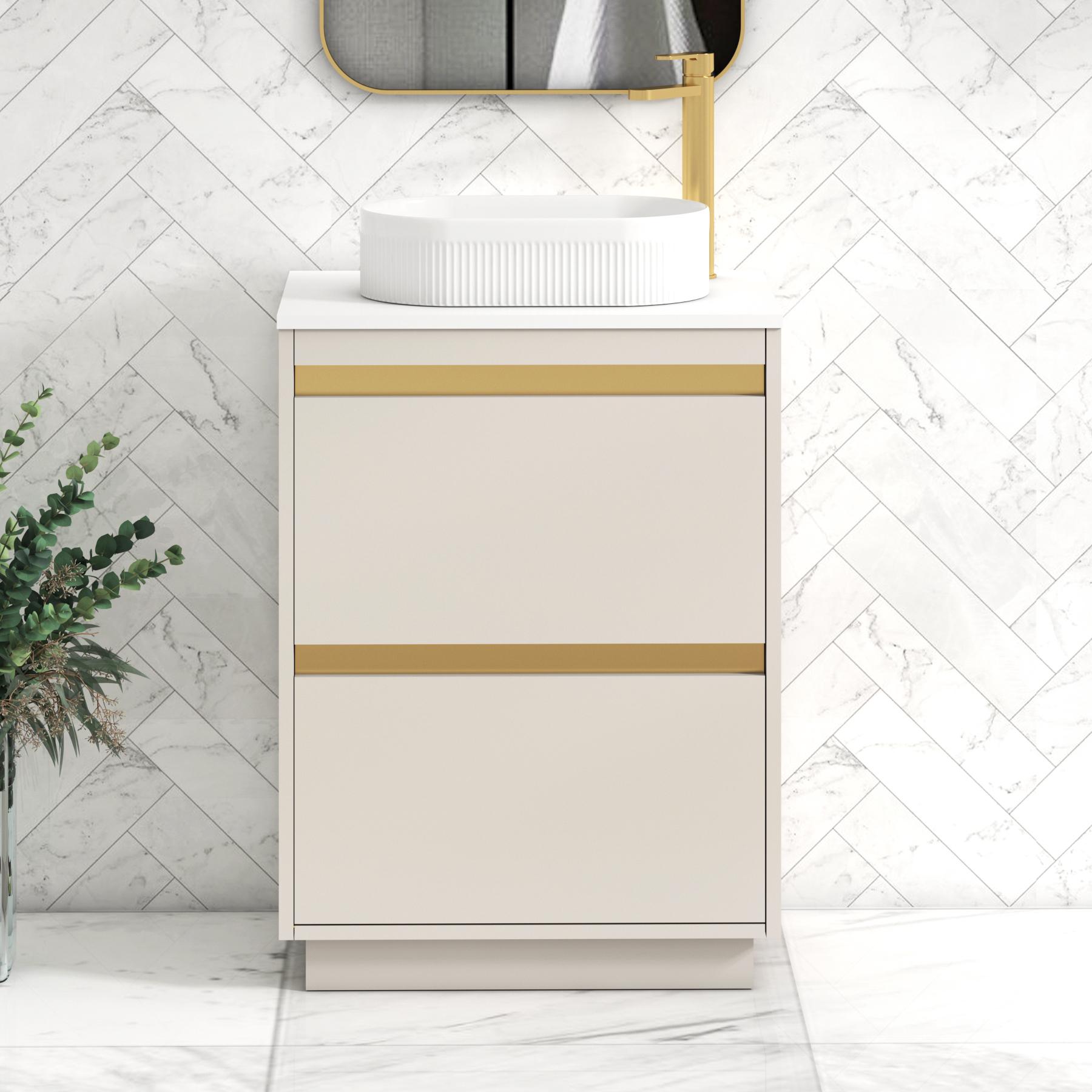 Orion 2 Drawer Warm Taupe Floor Standing Vanity Unit with Plain White Top & Countertop Basin | Brushed Brass Accent Trim