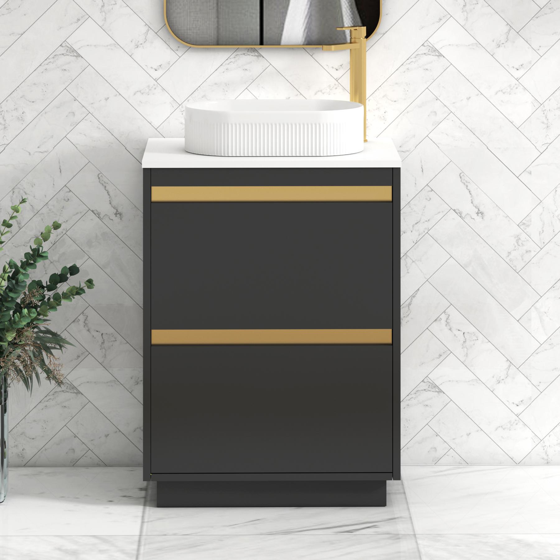 Orion 2 Drawer Matt Obsidian Black Floor Standing Vanity Unit with Plain White Top & Countertop Basin | Brushed Brass Accent Trim