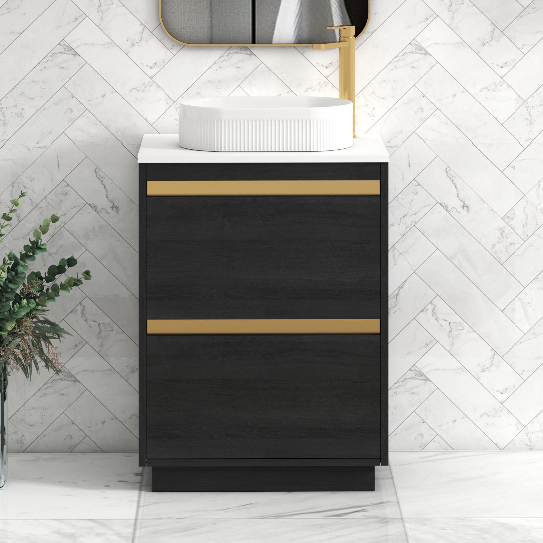 Orion 2 Drawer Hale Black Floor Standing Vanity Unit with Plain White Top & Countertop Basin | Brushed Brass Accent Trim