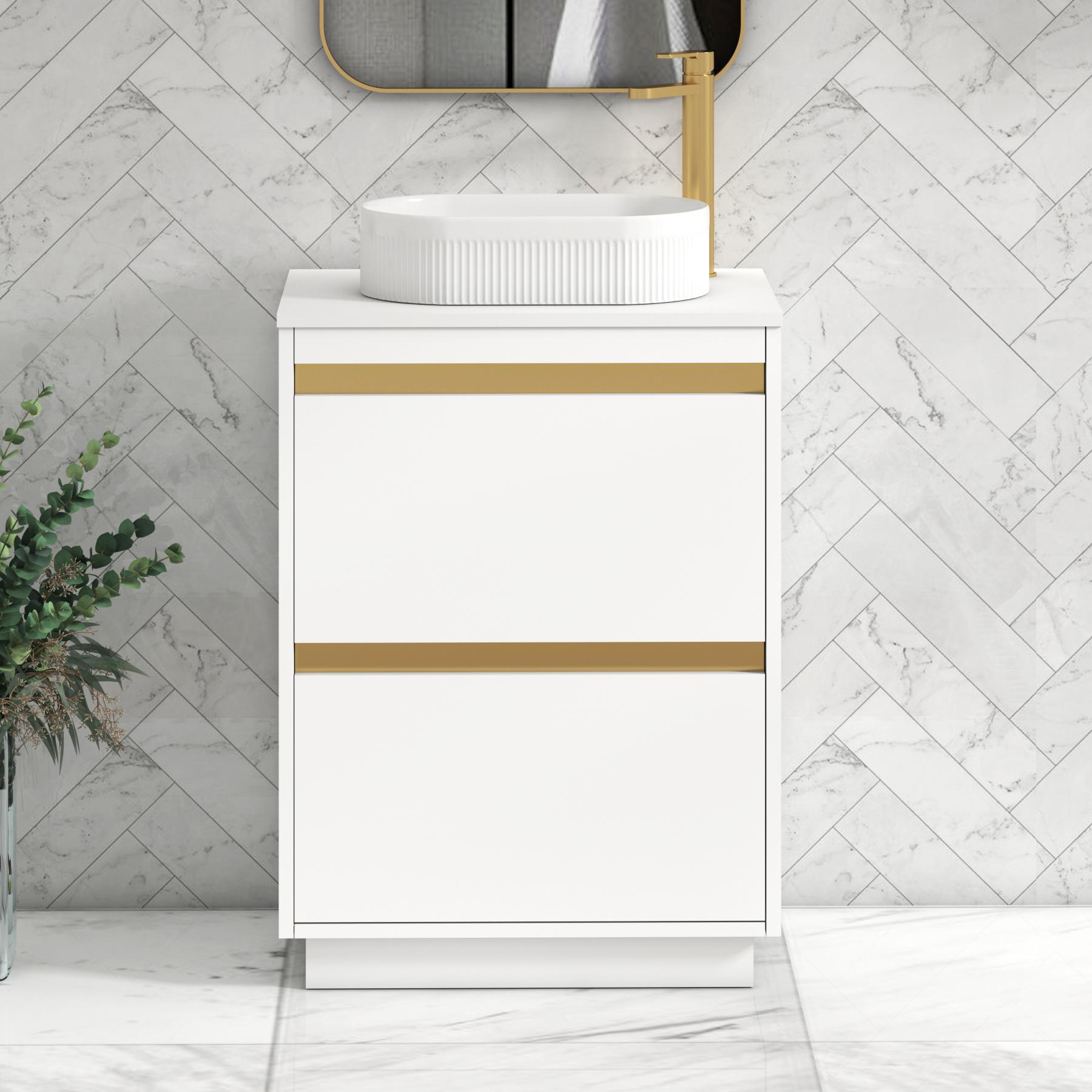 Orion 2 Drawer Matt White Floor Standing Vanity Unit with Plain White Top & Countertop Basin | Brushed Brass Accent Trim