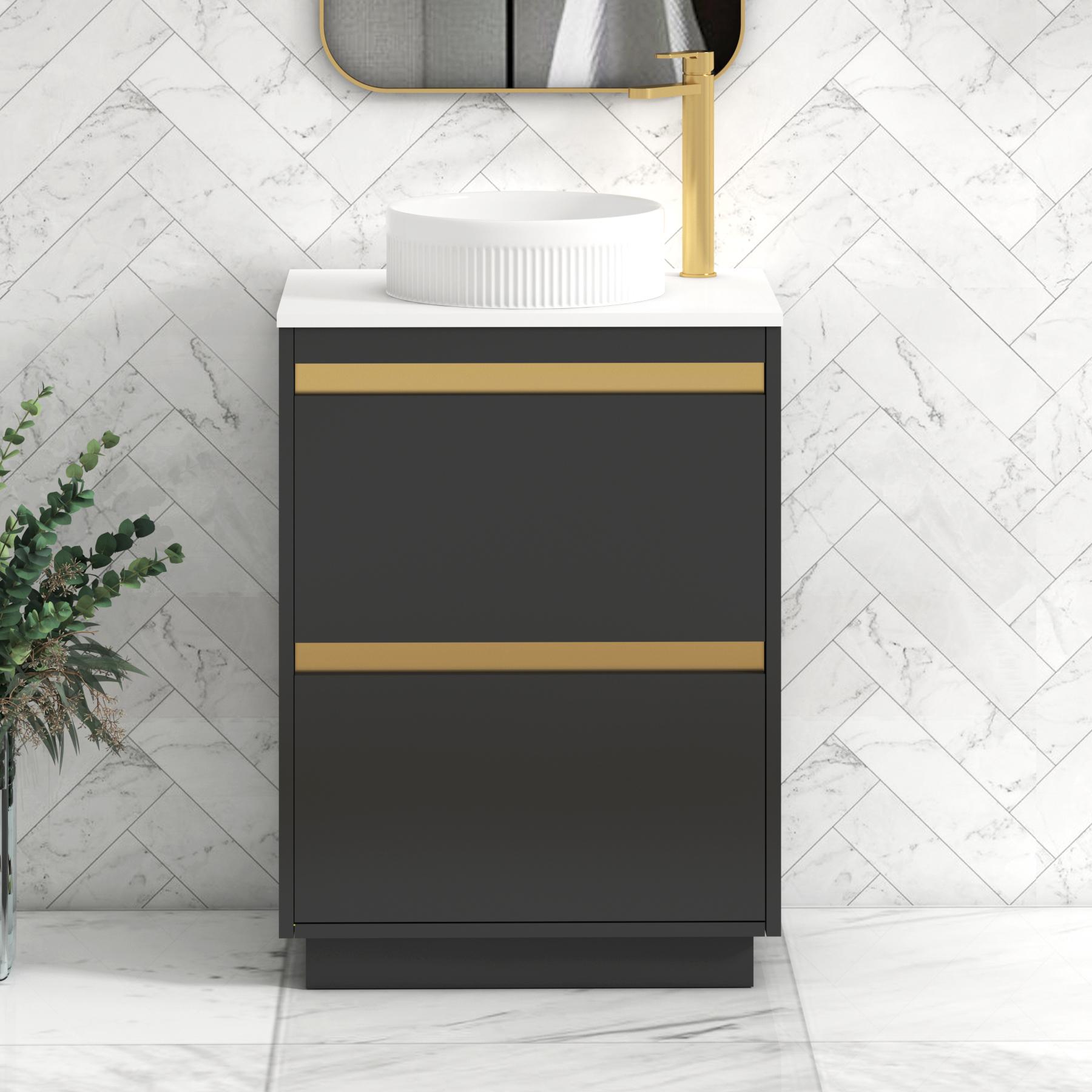 Orion 2 Drawer Matt Obsidian Black Floor Standing Vanity Unit with Plain White Top & Countertop Basin | Brushed Brass Accent Trim