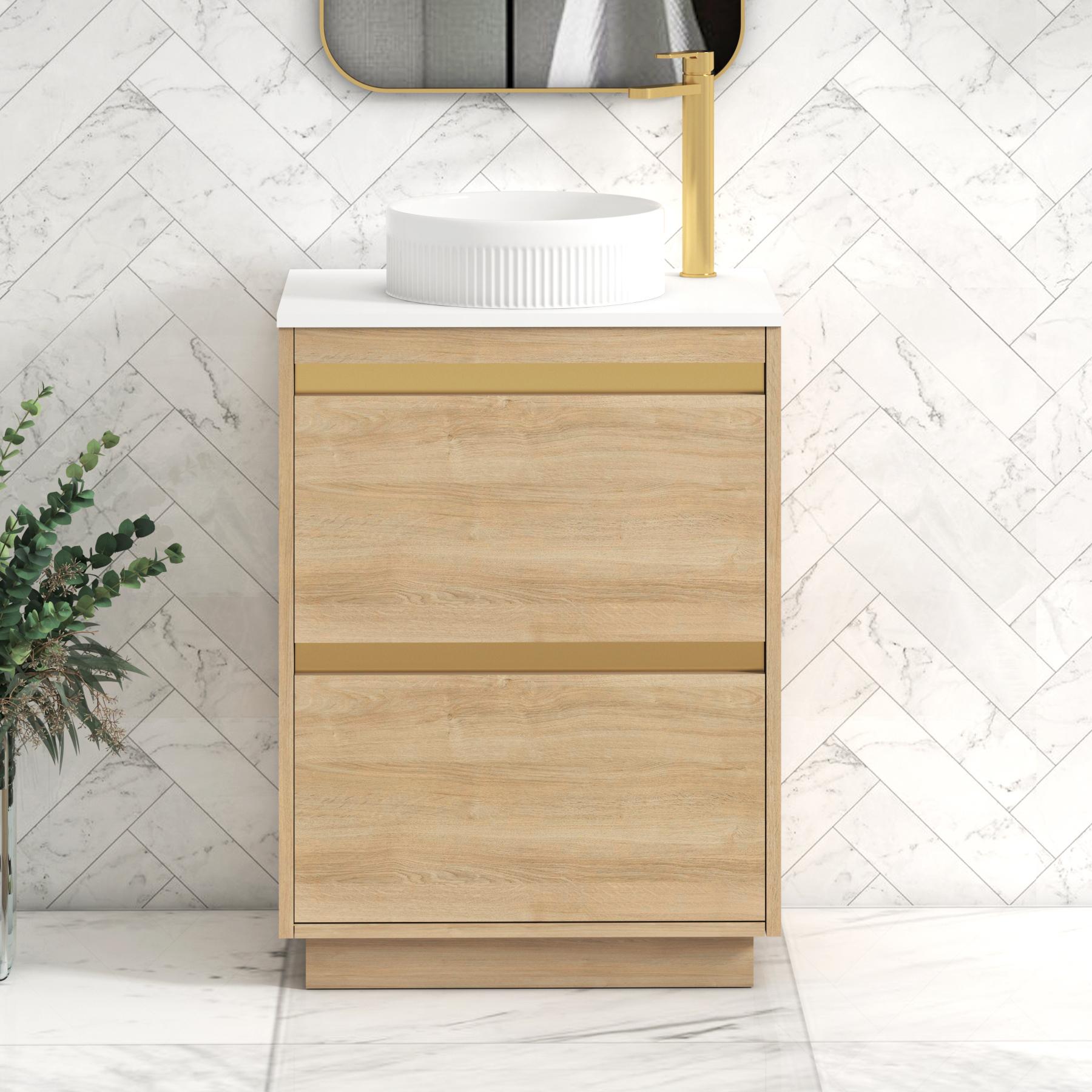 Orion 2 Drawer Natural Oak Floor Standing Vanity Unit with Plain White Top & Countertop Basin | Brushed Brass Accent Trim
