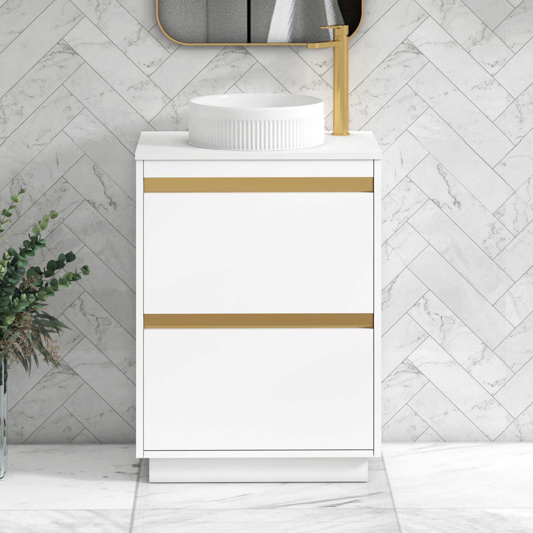 Orion 2 Drawer Matt White Floor Standing Vanity Unit with Plain White Top & Countertop Basin | Brushed Brass Accent Trim