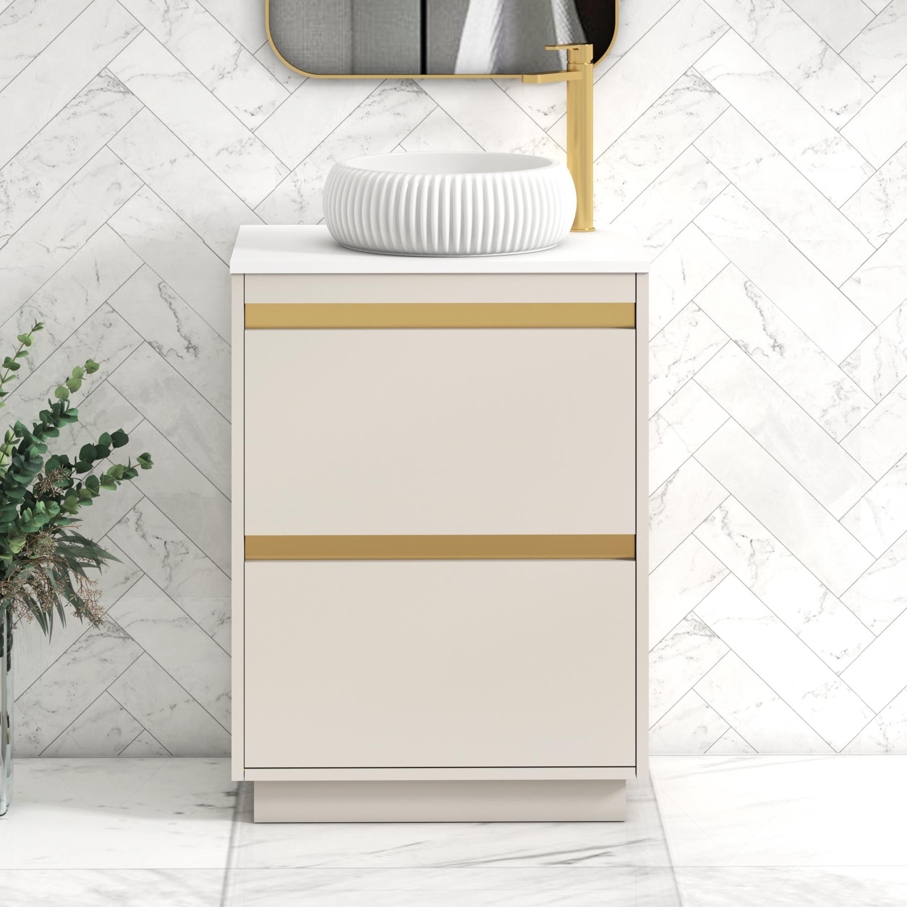 Orion 2 Drawer Warm Taupe Floor Standing Vanity Unit with Plain White Top & Countertop Basin | Brushed Brass Accent Trim