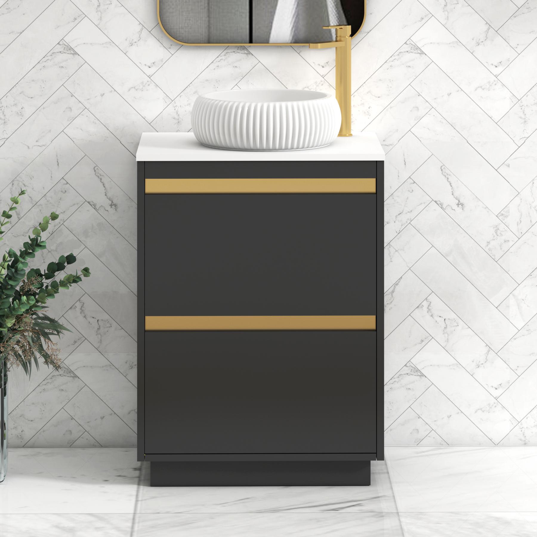Orion 2 Drawer Matt Obsidian Black Floor Standing Vanity Unit with Plain White Top & Countertop Basin | Brushed Brass Accent Trim