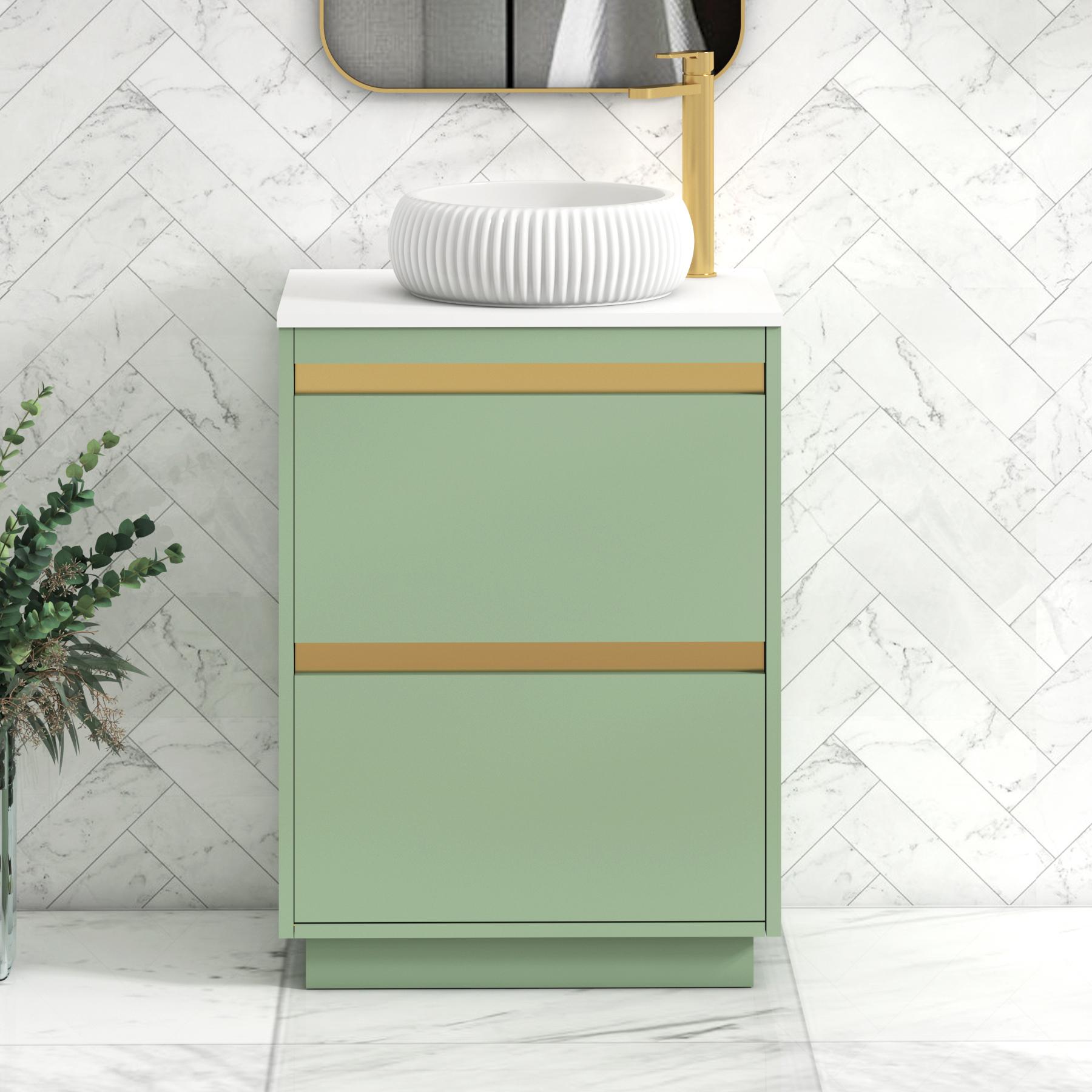 Orion 2 Drawer Mint Sage Floor Standing Vanity Unit with Plain White Top & Countertop Basin | Brushed Brass Accent Trim