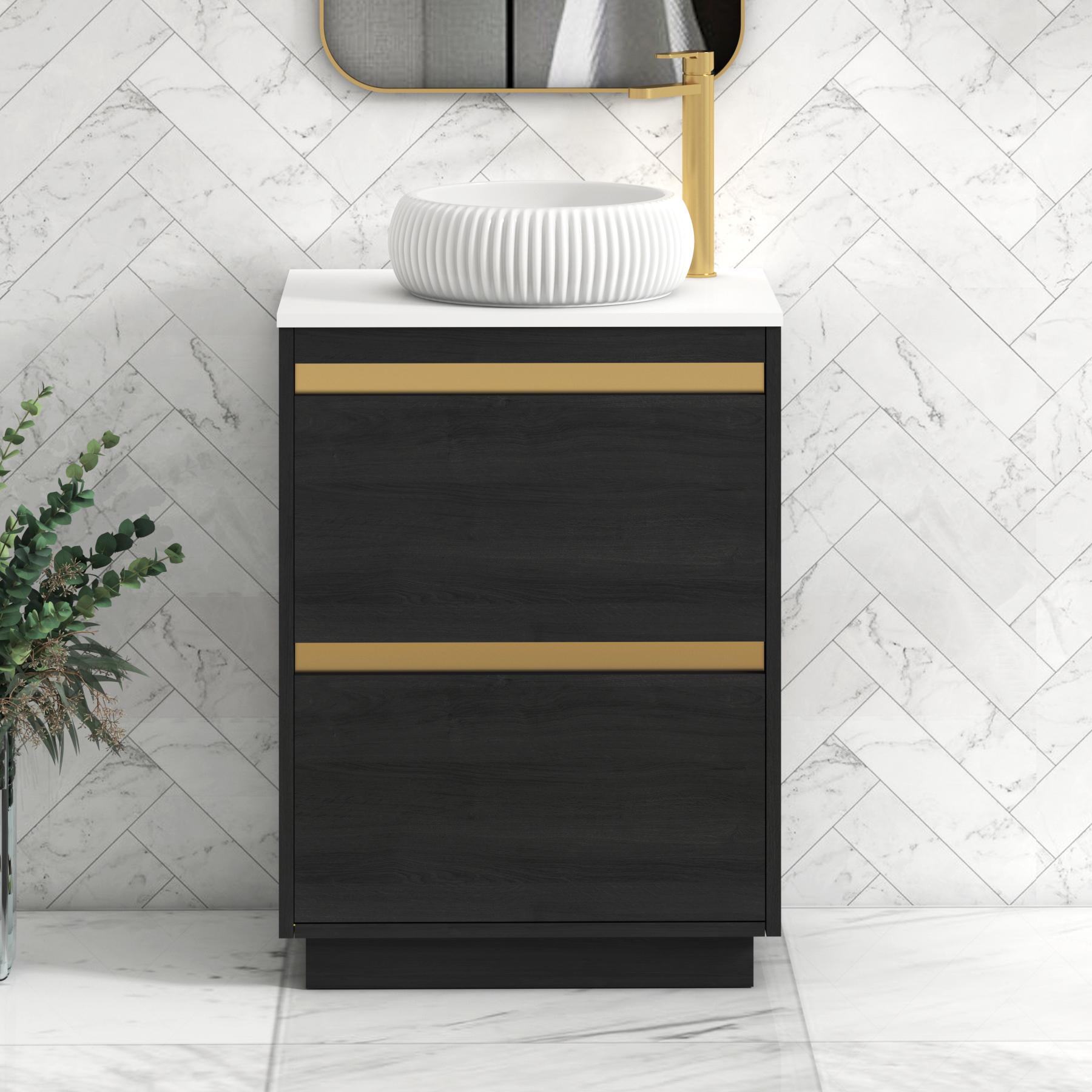 Orion 2 Drawer Hale Black Floor Standing Vanity Unit with Plain White Top & Countertop Basin | Brushed Brass Accent Trim