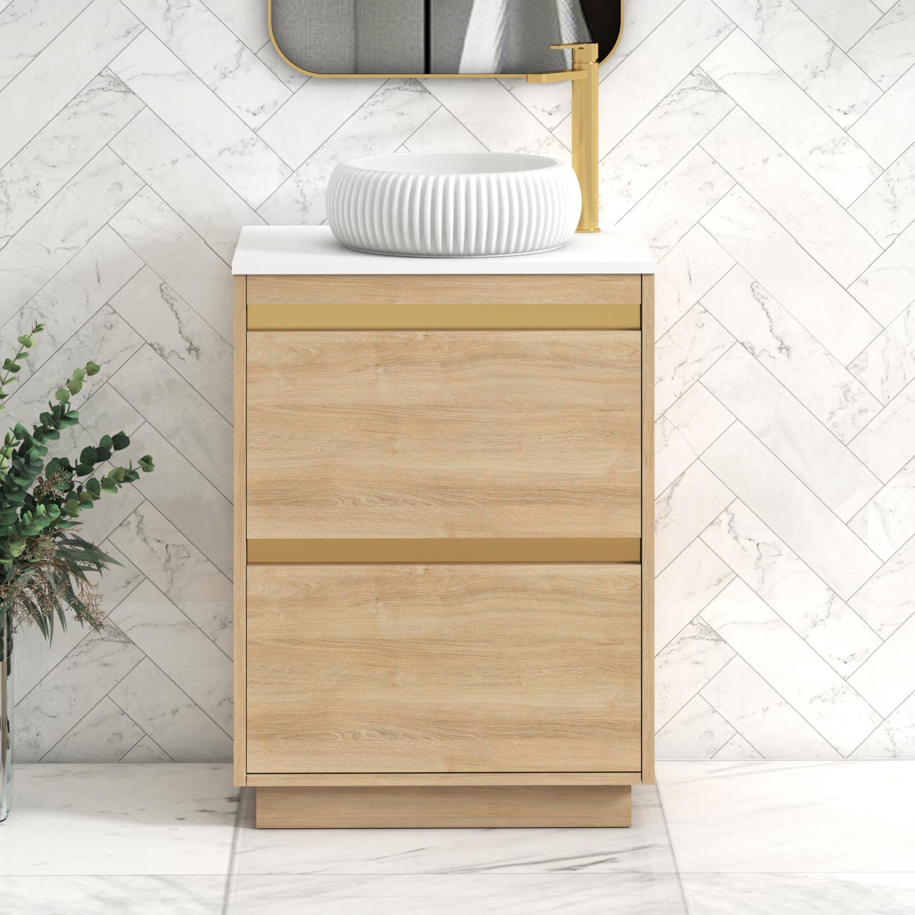 Orion 2 Drawer Natural Oak Floor Standing Vanity Unit with Plain White Top & Countertop Basin | Brushed Brass Accent Trim