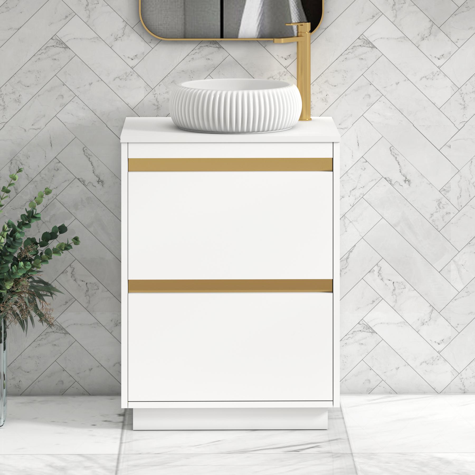 Orion 2 Drawer Matt White Floor Standing Vanity Unit with Plain White Top & Countertop Basin | Brushed Brass Accent Trim