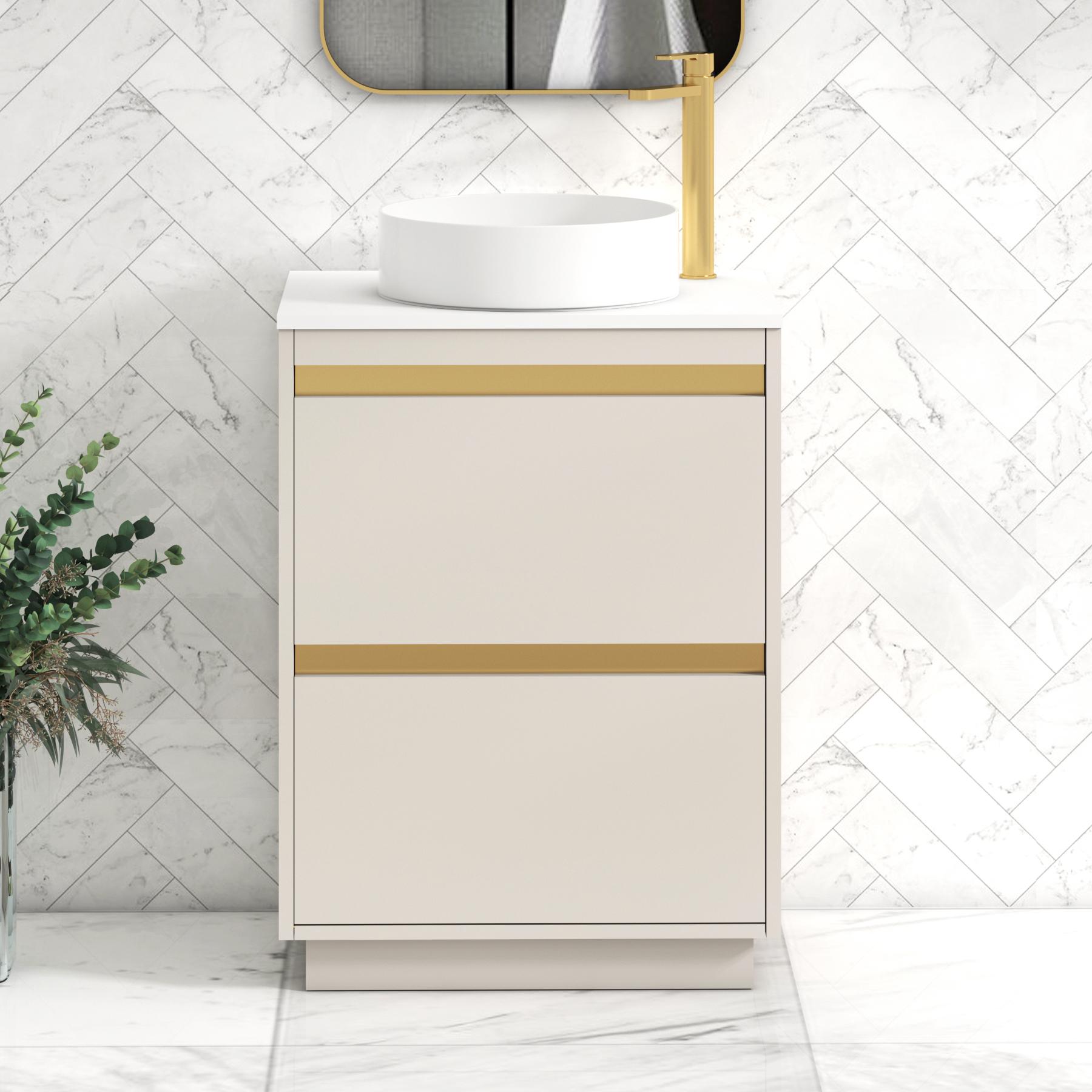 Orion 2 Drawer Warm Taupe Floor Standing Vanity Unit with Plain White Top & Countertop Basin | Brushed Brass Accent Trim